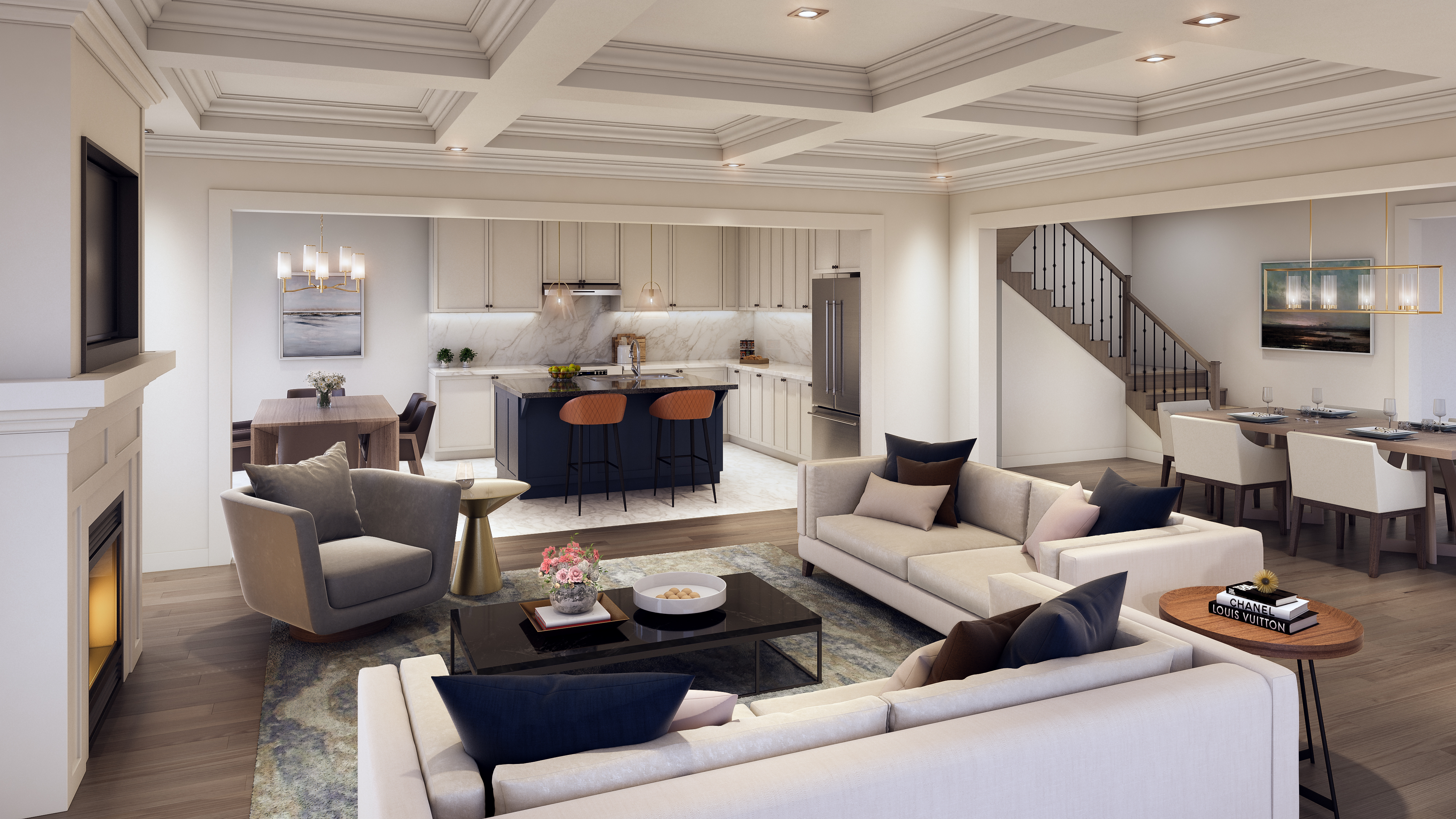Bright open-concept great room interior at Caledon Trails
