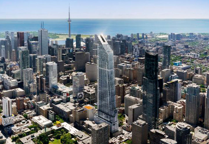 Aerial rendering of Concord Sky rising above downtown Toronto with the CN Tower and Lake Ontario beyond