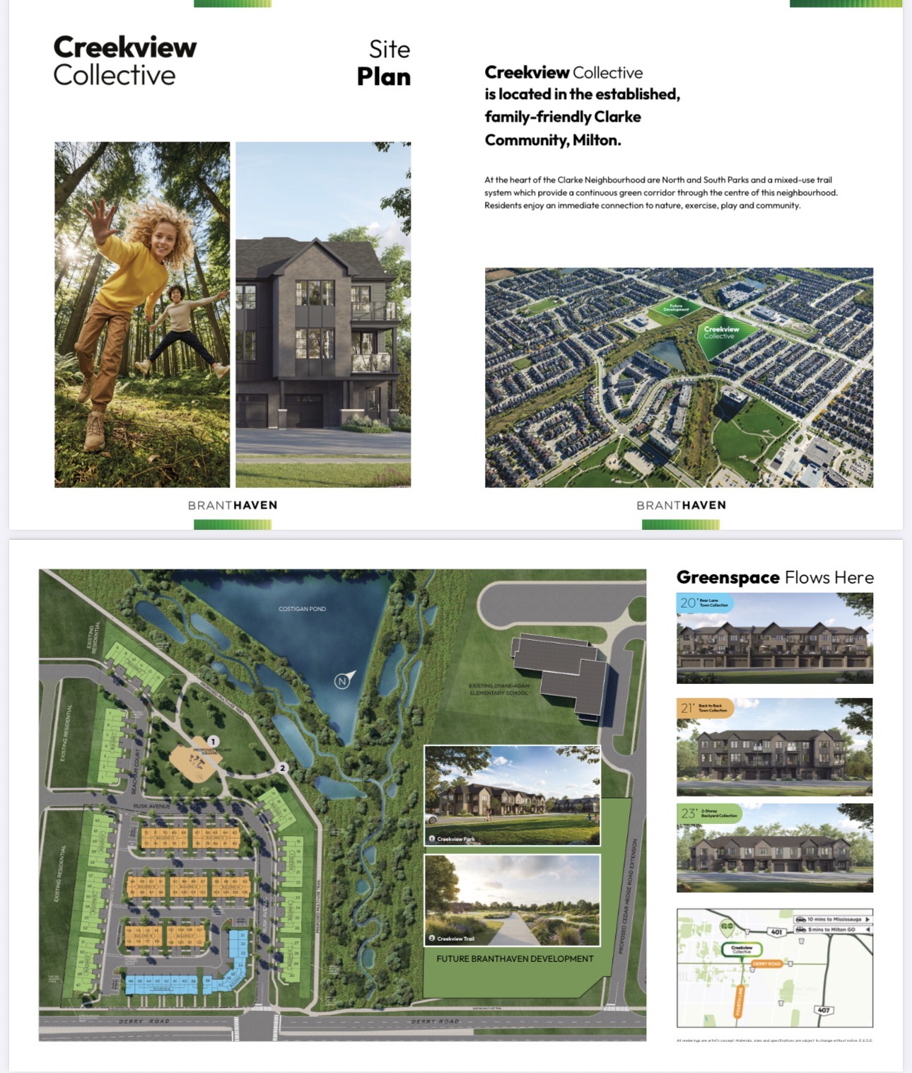 Creekview Collective renderings, site plan and the natural greenspace surrounding the Clarke Community in Milton