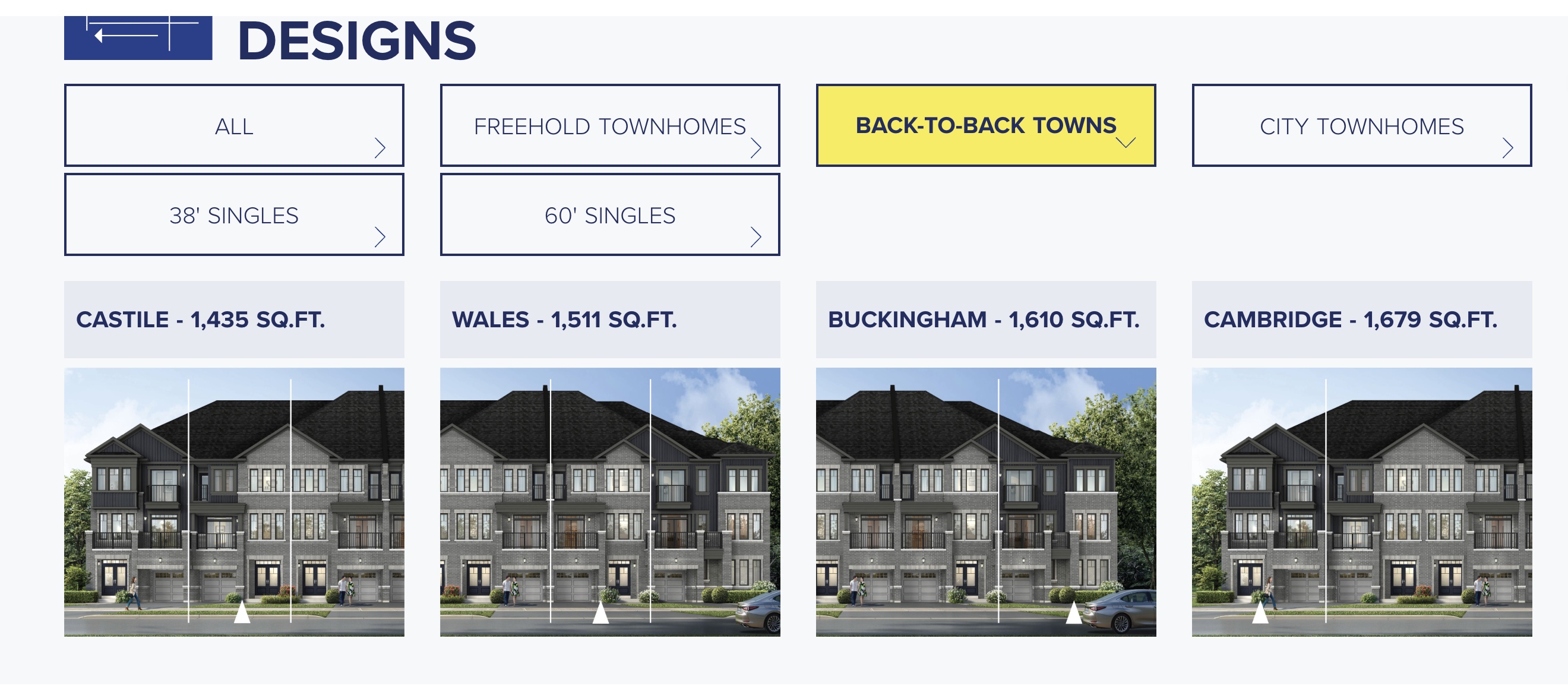 Back-to-back town designs including Castile, Wales, Buckingham and Cambridge elevations
