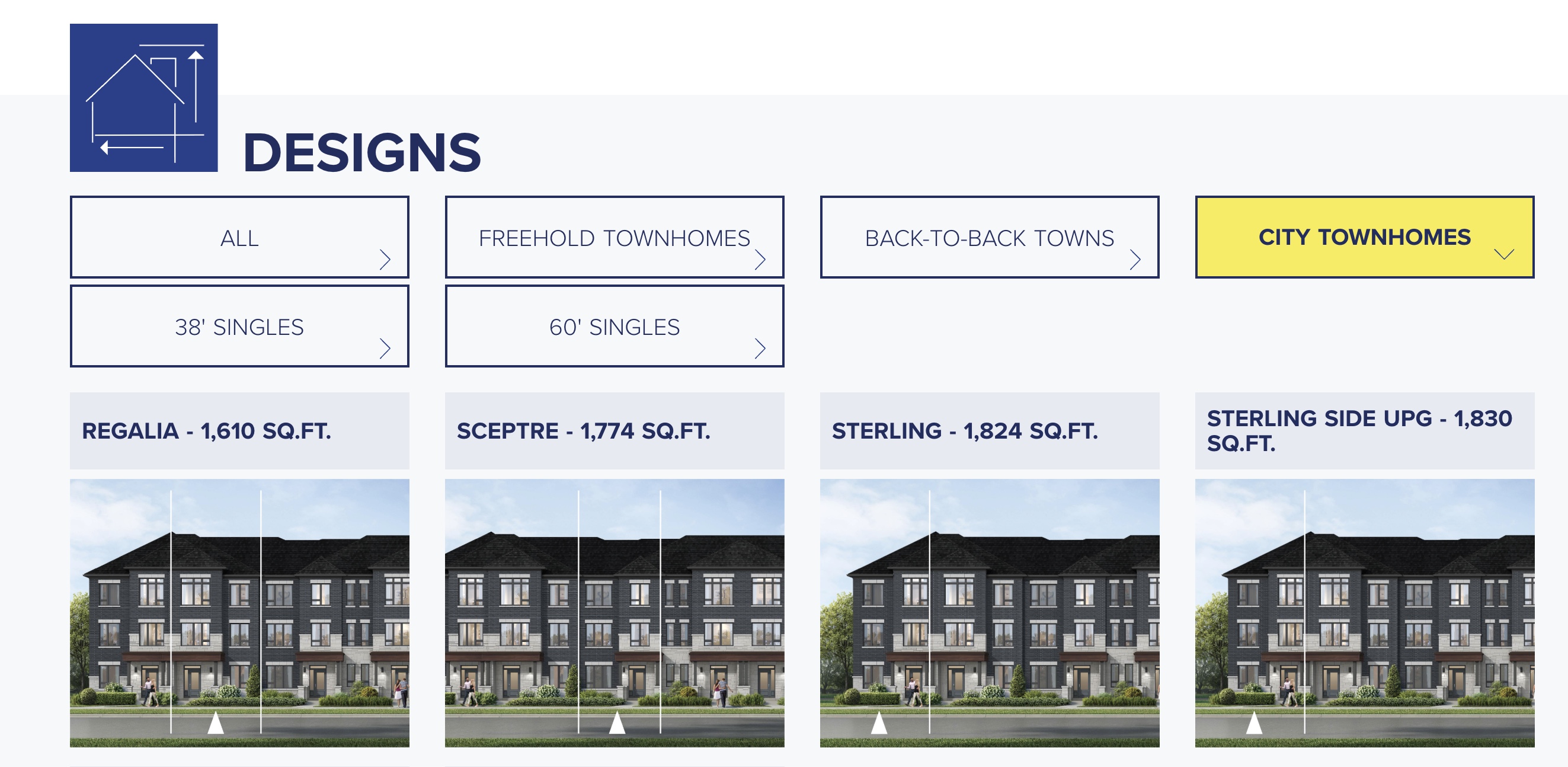 City townhome designs including Regalia, Sceptre and Sterling elevations