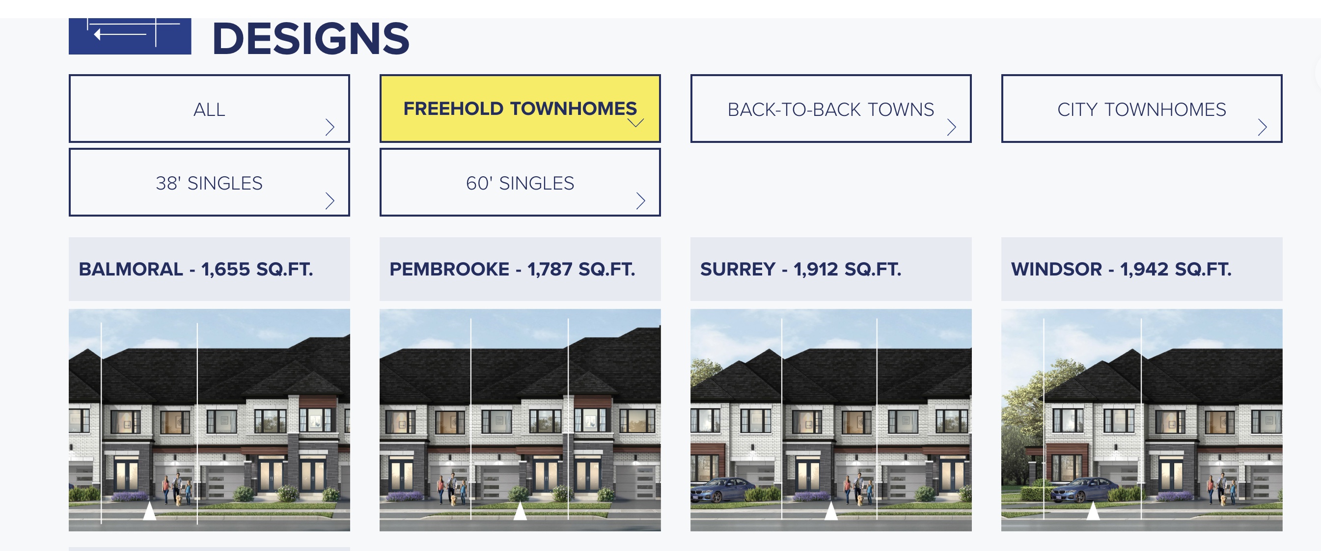 Freehold townhome designs including Balmoral, Pembrooke, Surrey and Windsor elevations
