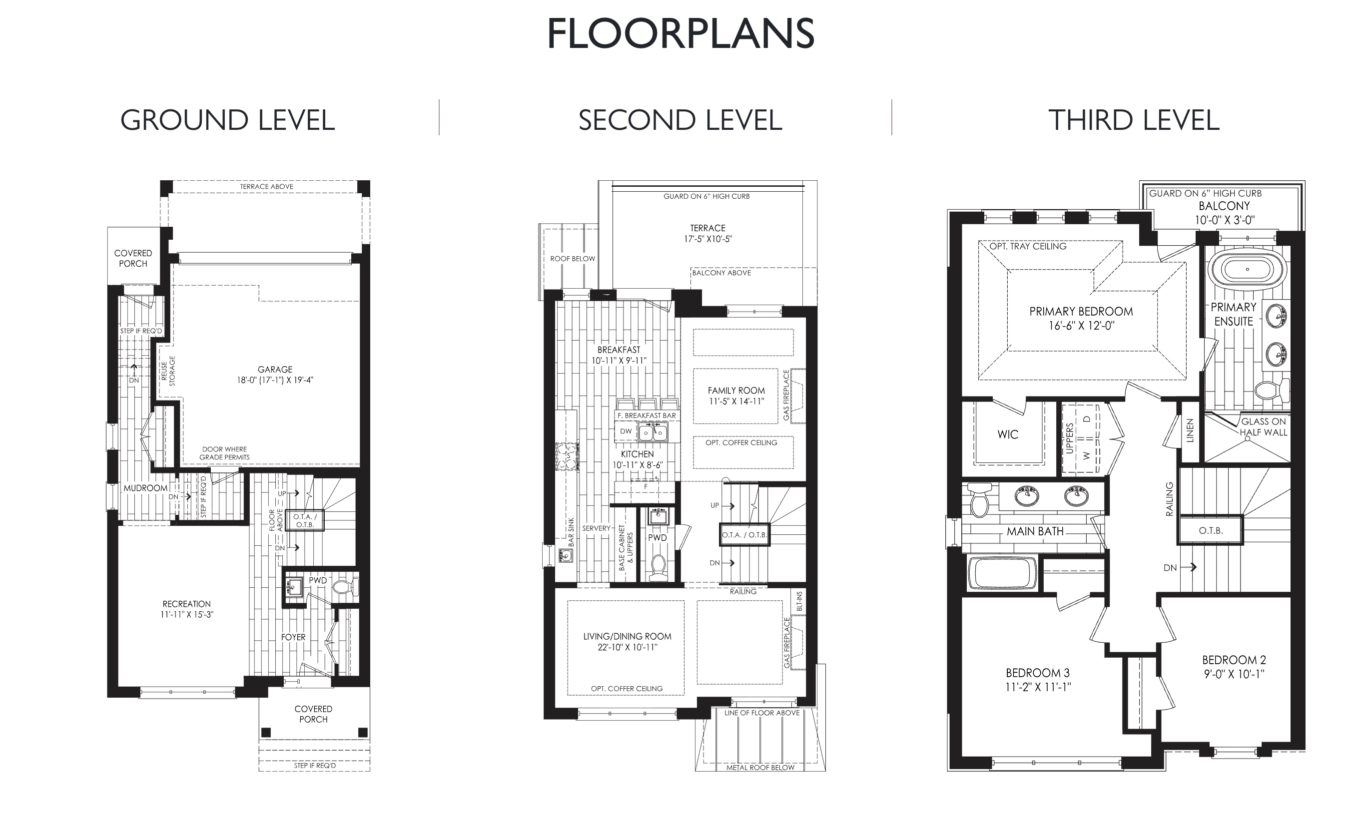The Namaste floor plans — ground, second and third level layouts