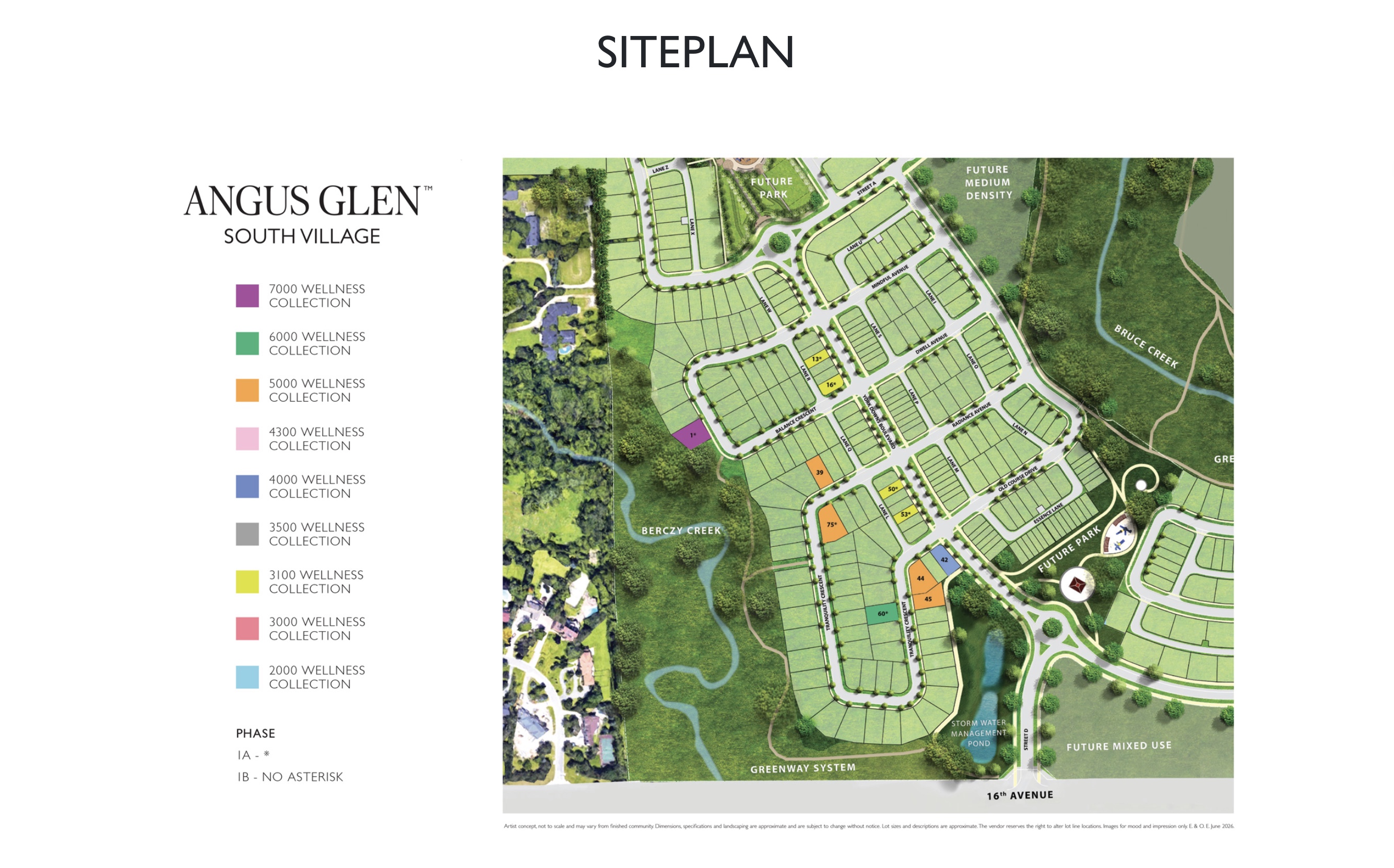 Angus Glen South Village site plan showing lots, parks, creeks and greenways