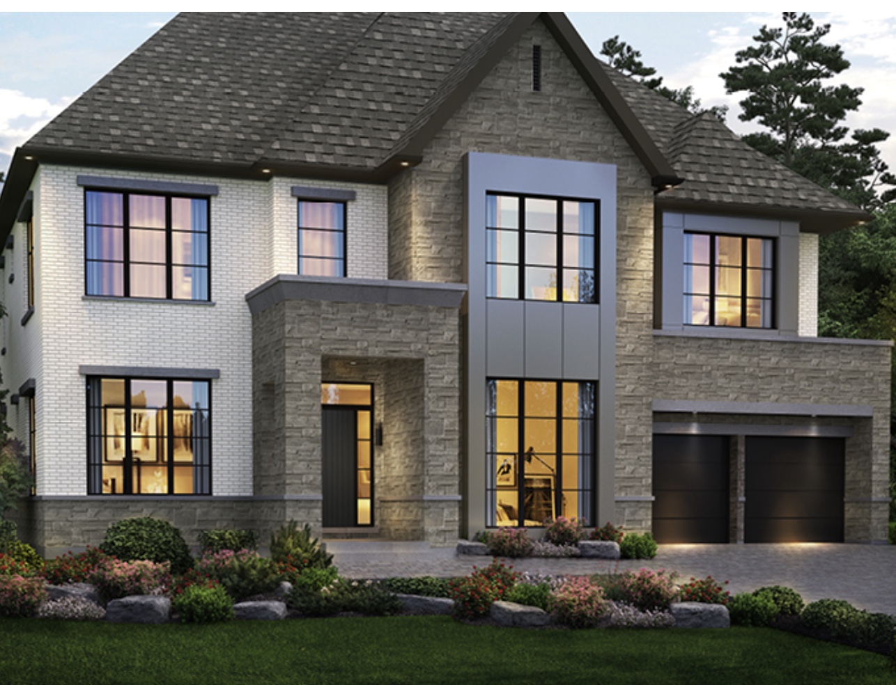 Stone and brick brownstone elevation with warm lit interiors