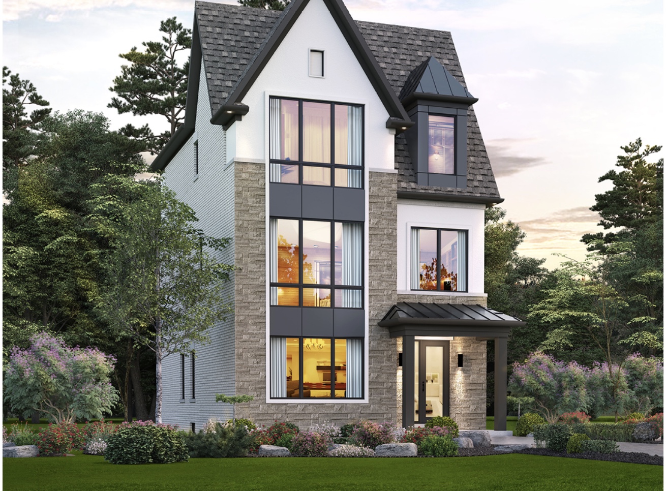The Namaste, Elevation A — three-storey brownstone with stone façade and dramatic roofline