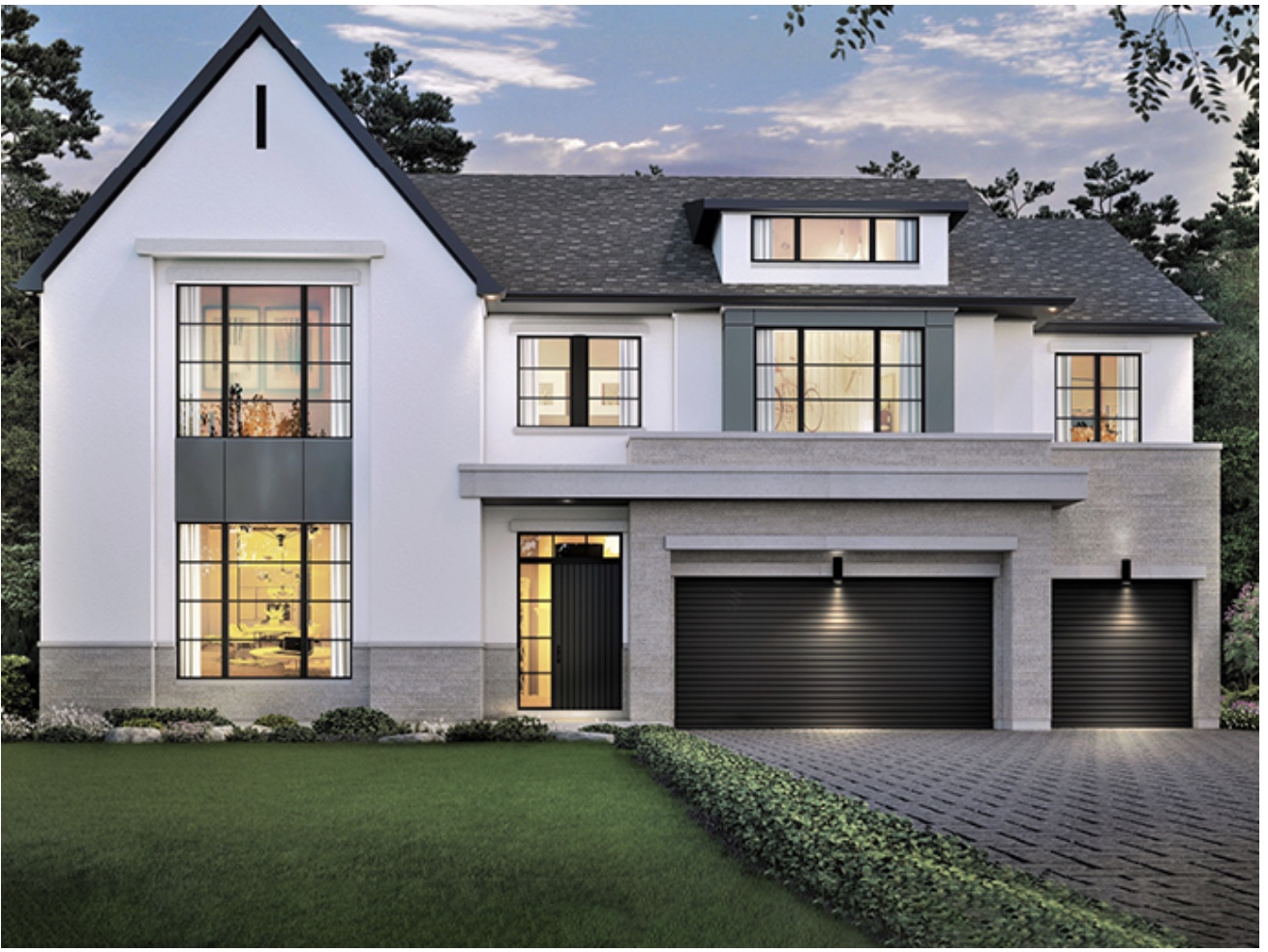 White contemporary brownstone elevation with black windows and double garage