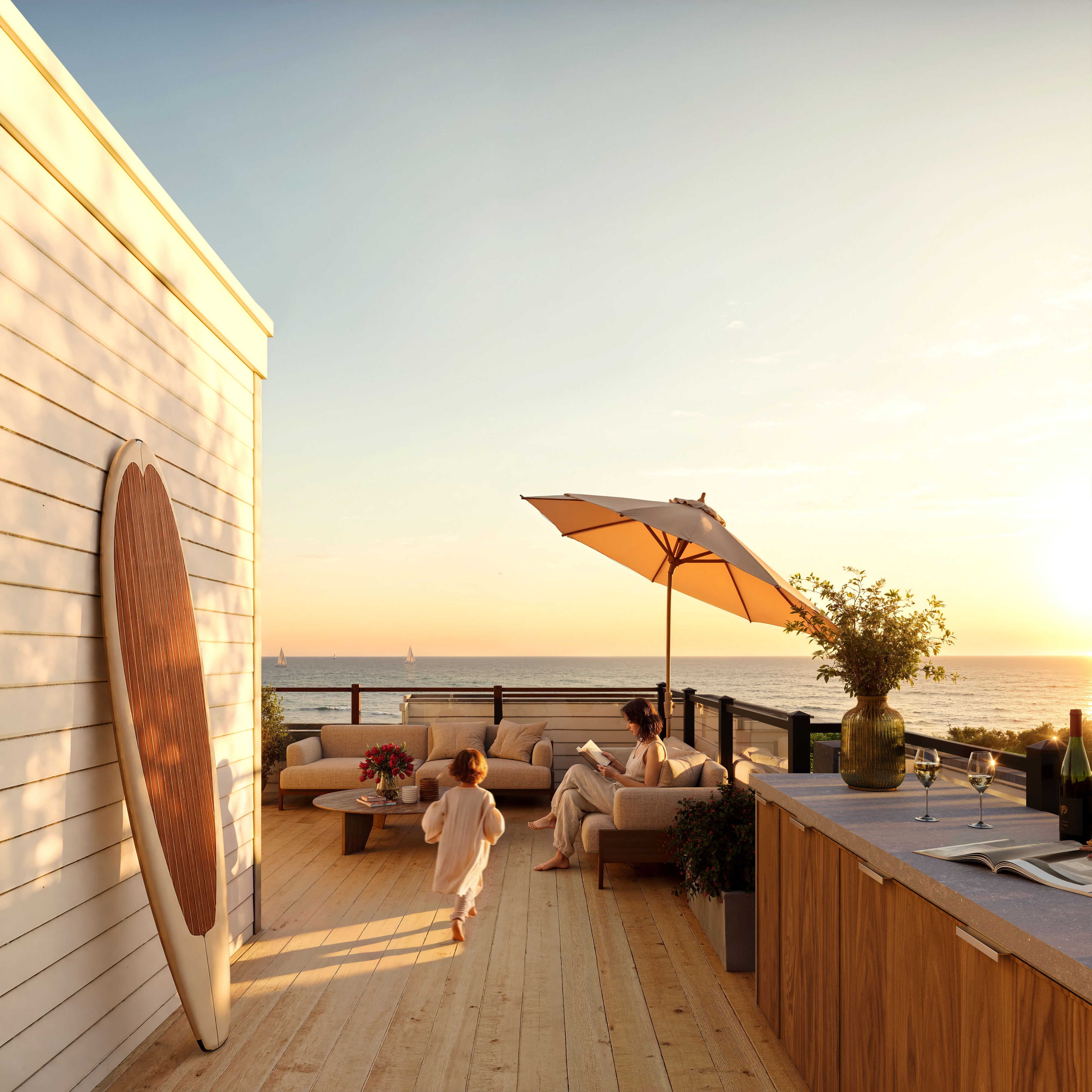 Private rooftop terrace at sunset with lounge seating, dining counter and open views over the lake