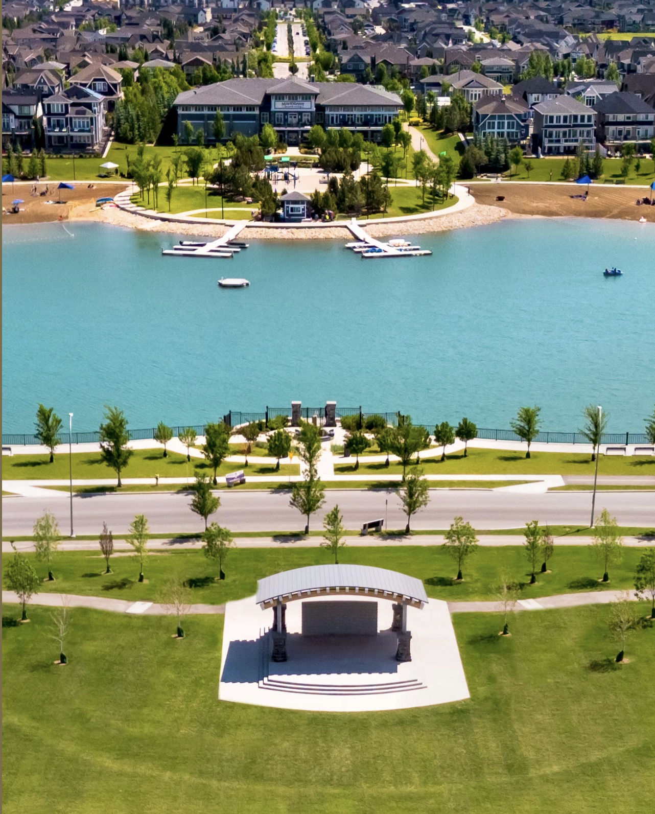 Aerial view of the Mahogany lake, beach and community
