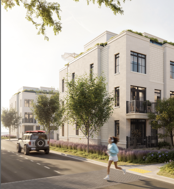 Exterior rendering of South Bank Coastal Townhomes showing modern light-brick townhomes with balconies and green rooftops along a landscaped street