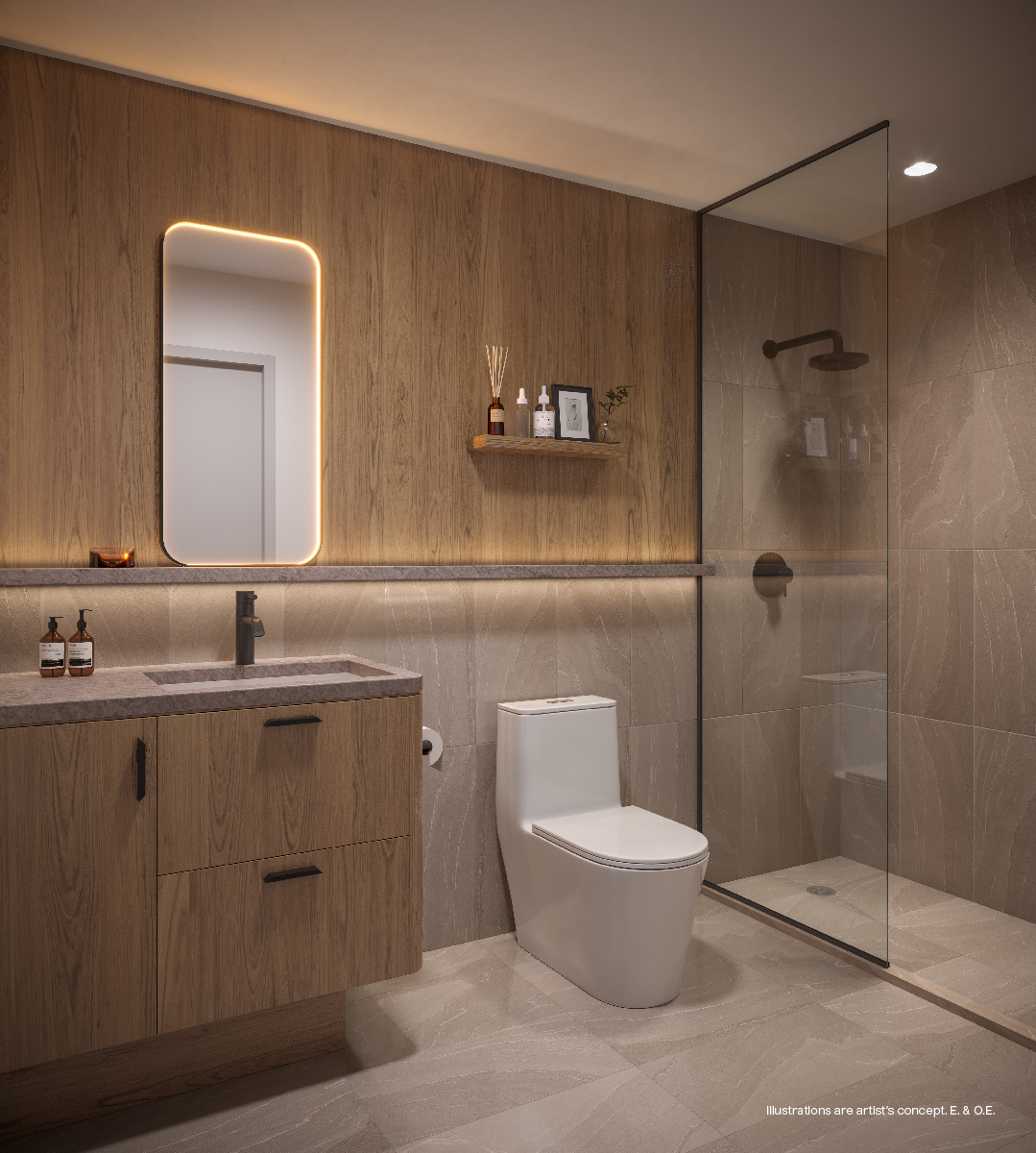 Chic modern AKRA bathroom with millwork walls, front-lit mirror and frameless glass shower