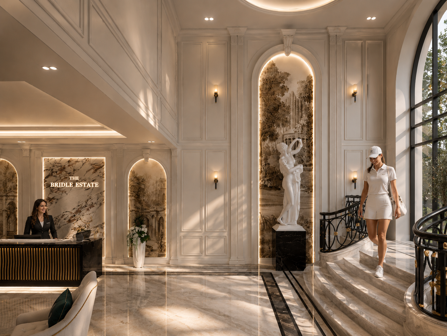 Grand lobby with marble reception and classical detailing at The Bridle Estate