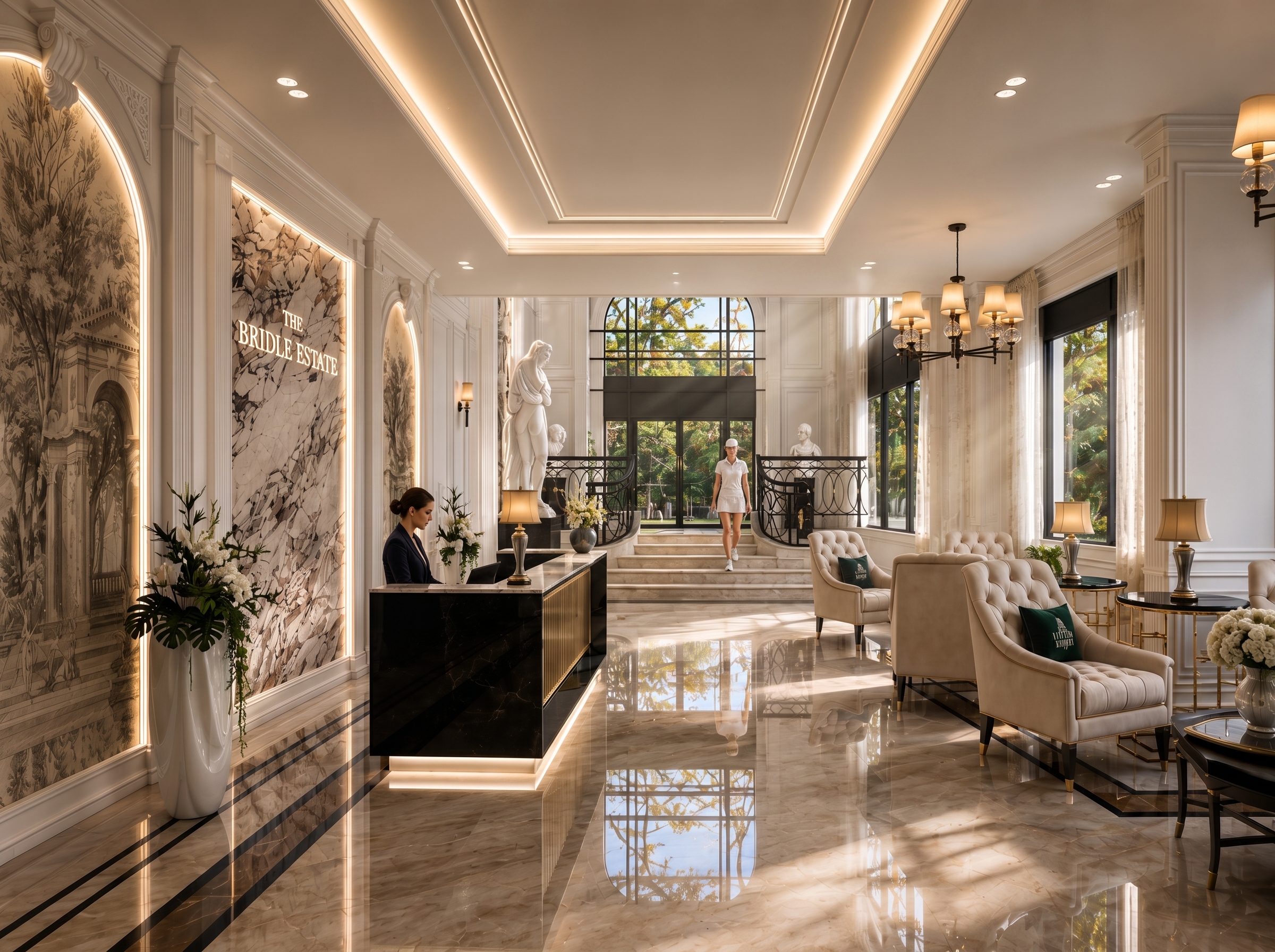 Bright lobby lounge with tufted seating and Bentley arrival