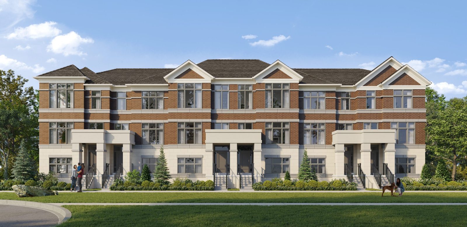 Artist's concept of Ivylea townhome facades with brick and stone detailing