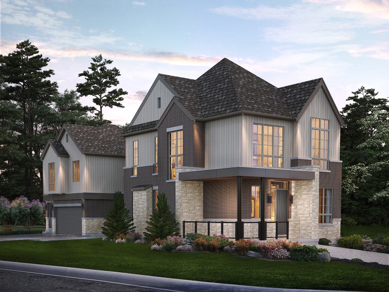 Rendering of the Aura model, 3000 Wellness Collection, with brick, stone and siding and a rear coach house