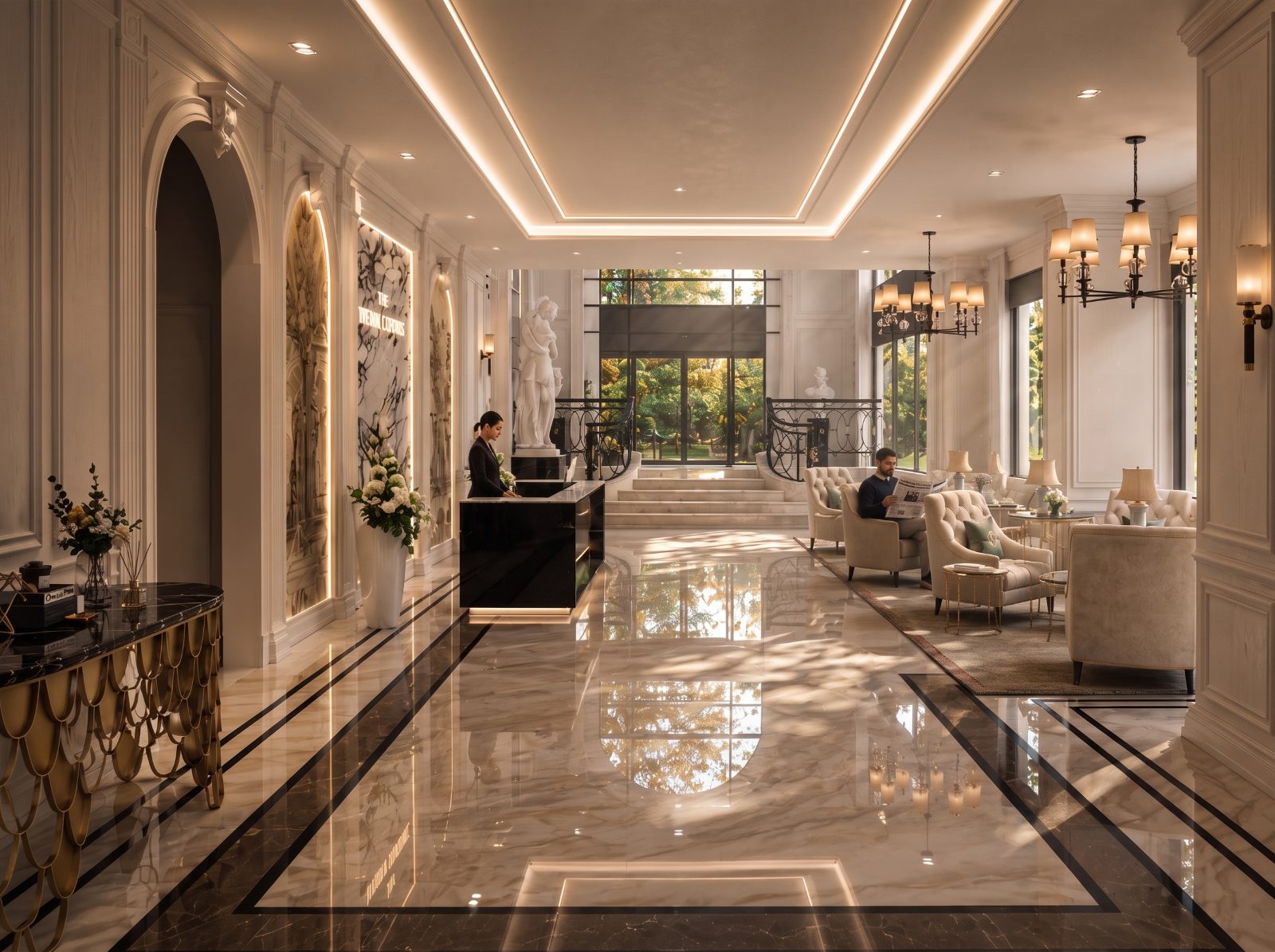 Reception hall with statuary, chandeliers and marble floors