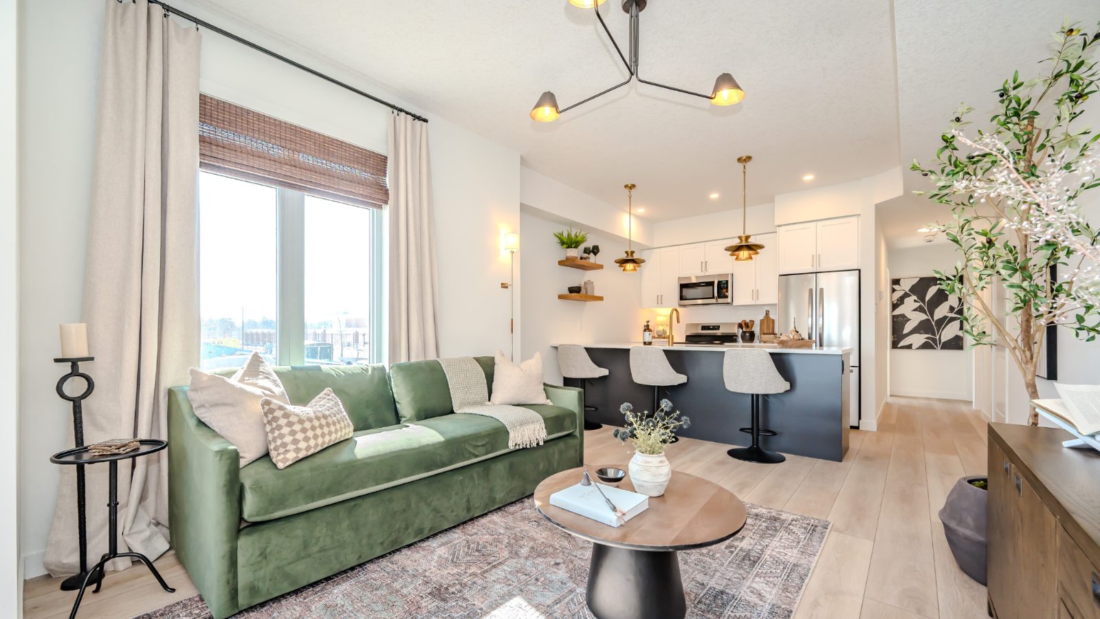 Open-concept living room and kitchen with natural light
