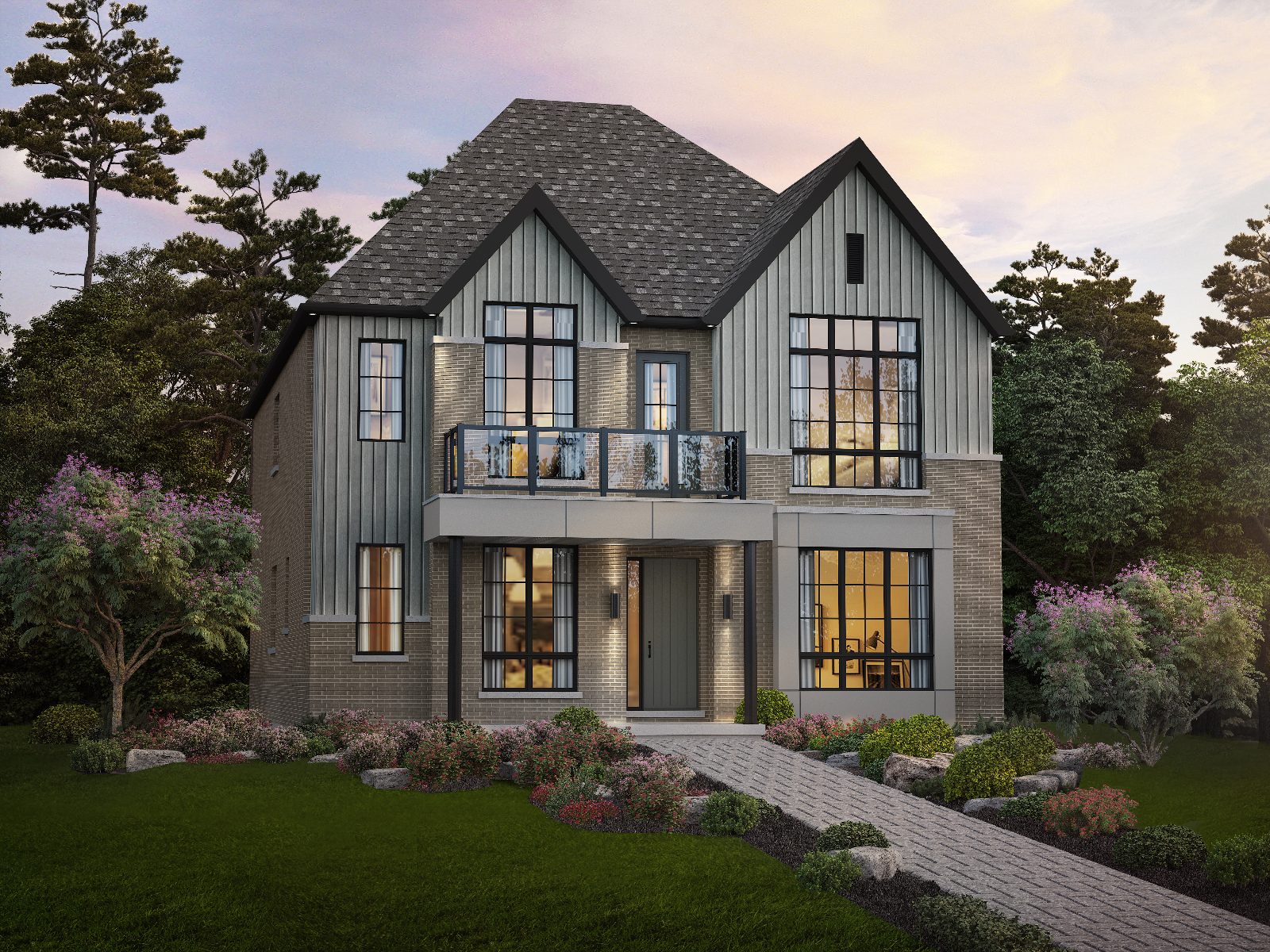 Rendering of the Lavender model, 4300 Wellness Collection, with board-and-batten gables and glass balcony