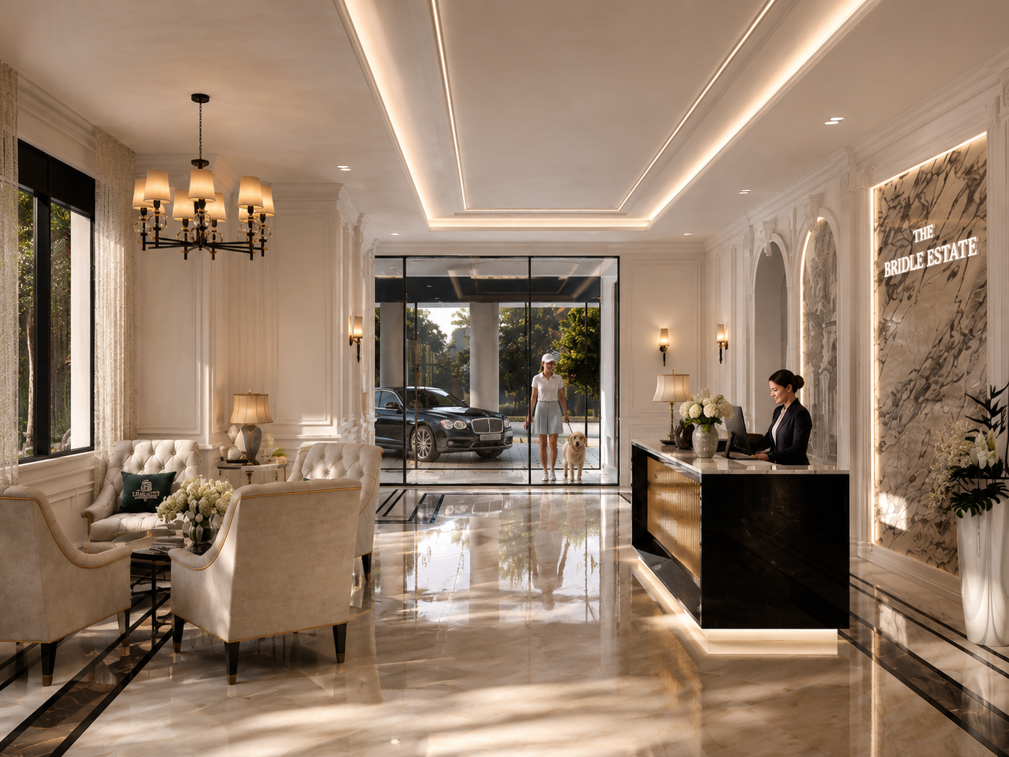 Grand staircase and arched niches in The Bridle Estate lobby