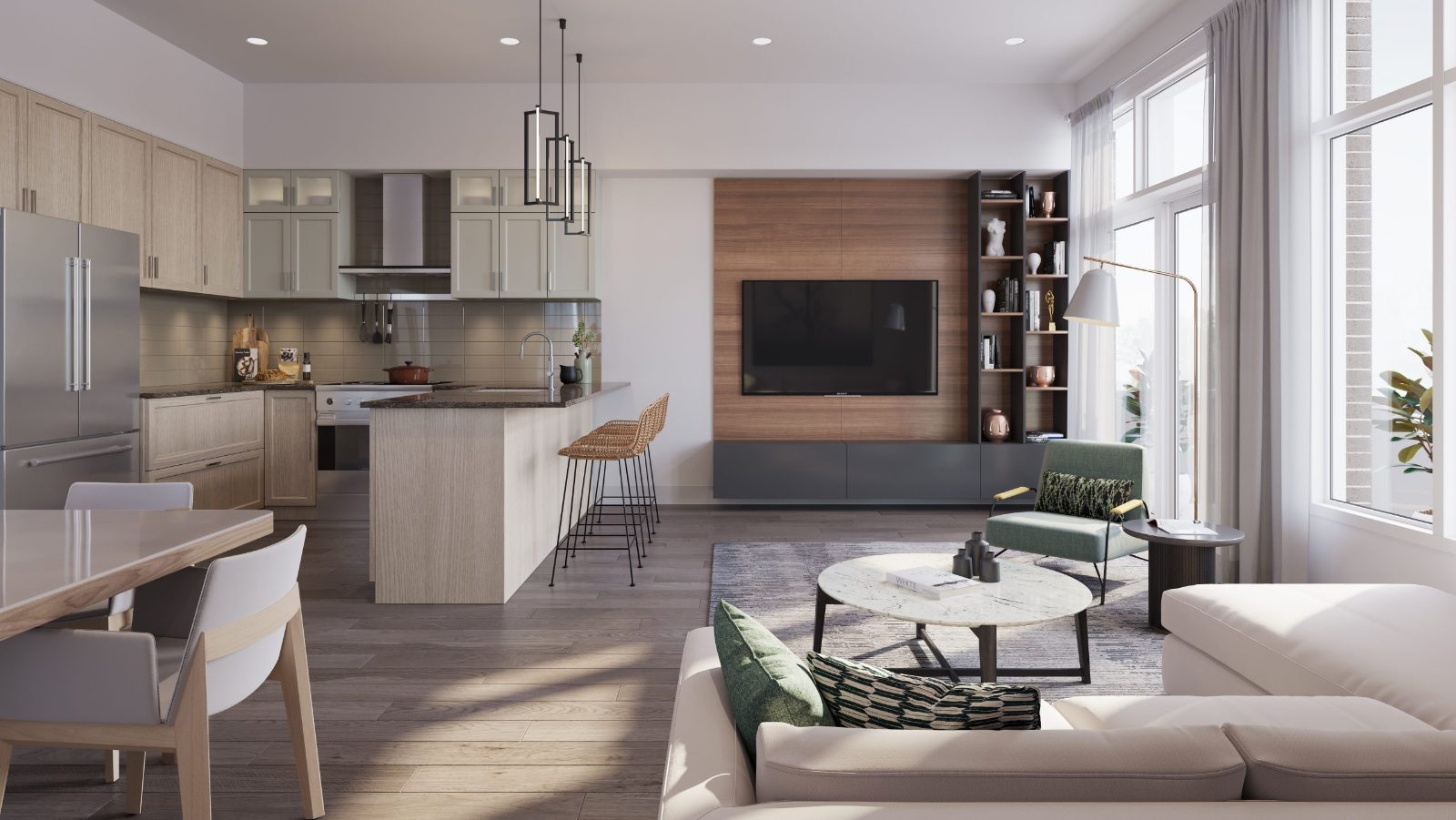 Artist's concept of an Ivylea open-concept kitchen and living area