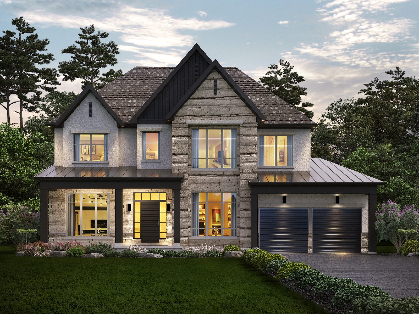 Rendering of the Essence model, 6000 Wellness Collection, with stone and stucco facade and double garage