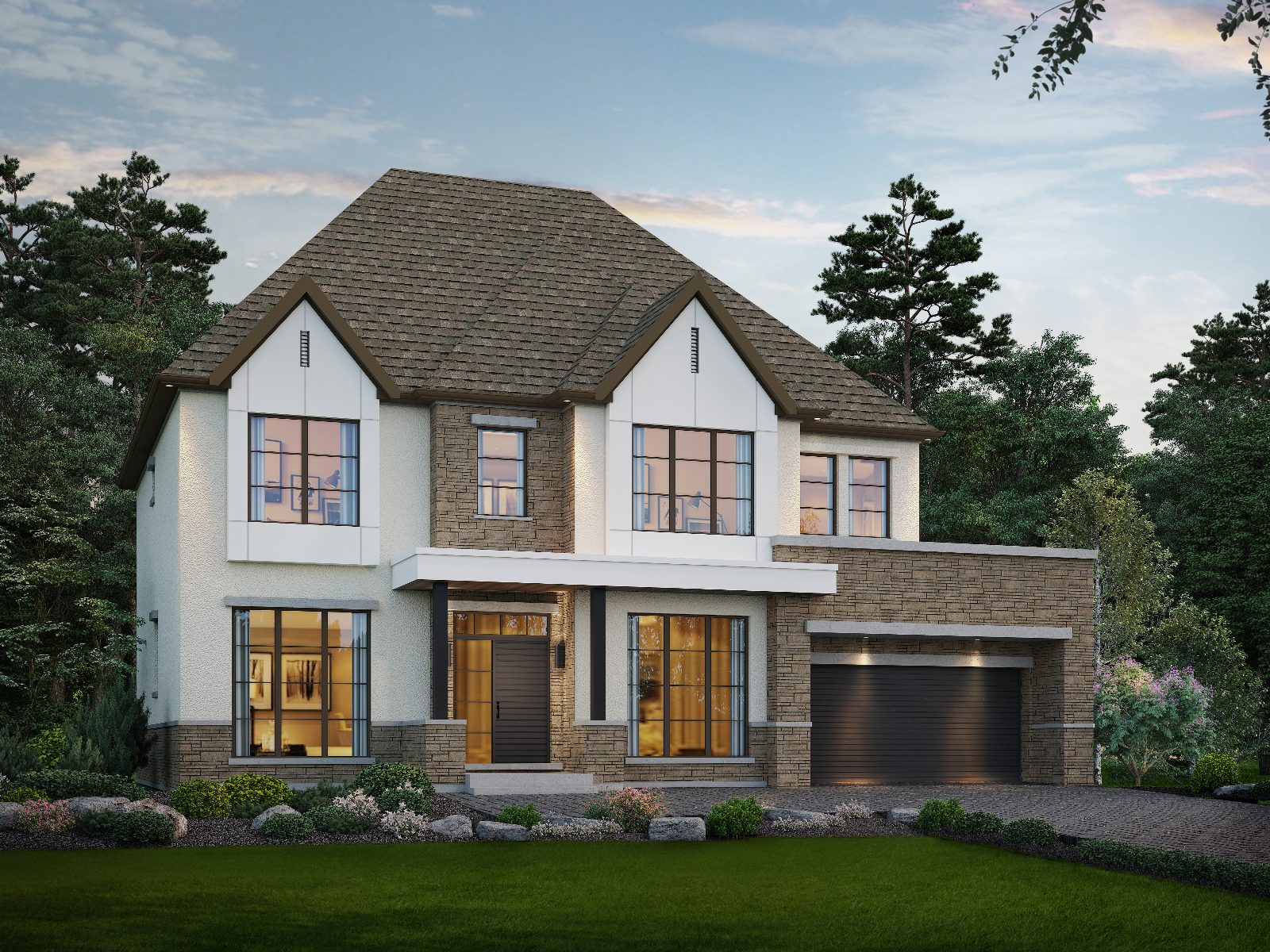 Rendering of an alternate Essence elevation, 6000 Wellness Collection, at dusk