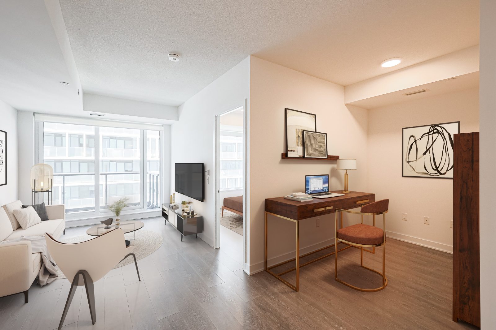 Open living area and den set up as a home office