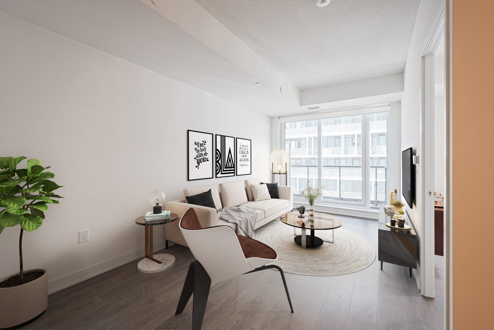 Bright, light-filled living room with floor-to-ceiling windows and wide-plank floors at 35 Tubman Ave