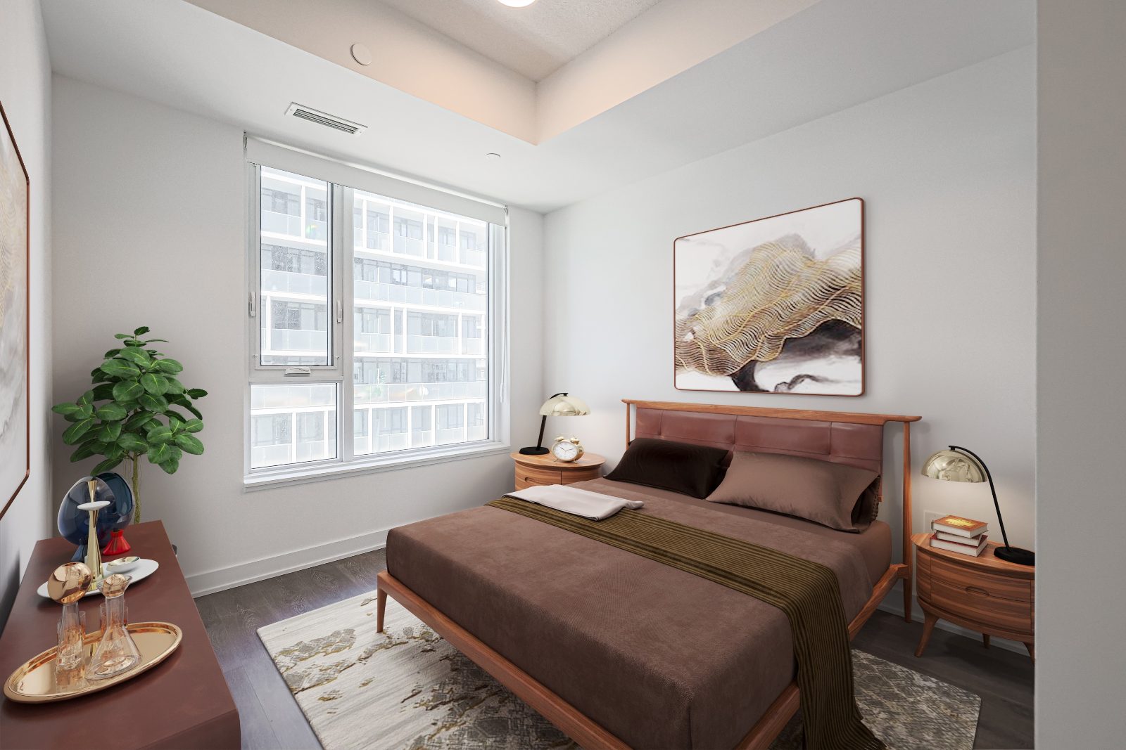 Bedroom with large window and warm wood furnishings