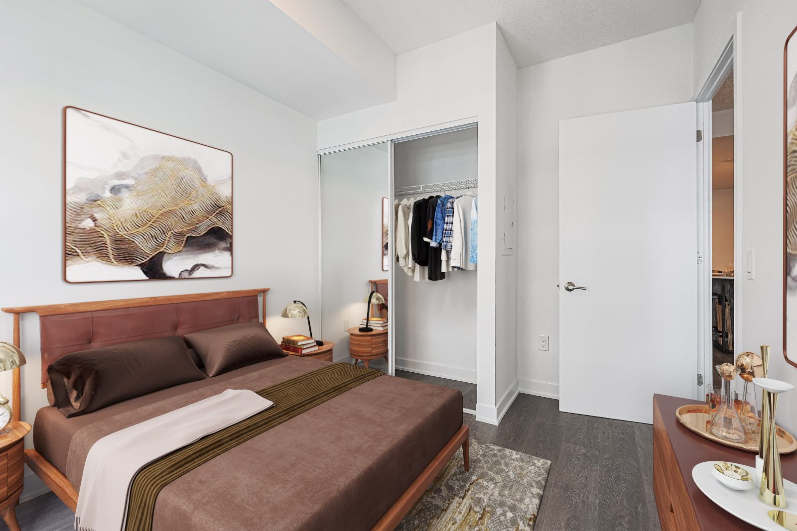 Bedroom with mirrored sliding closet