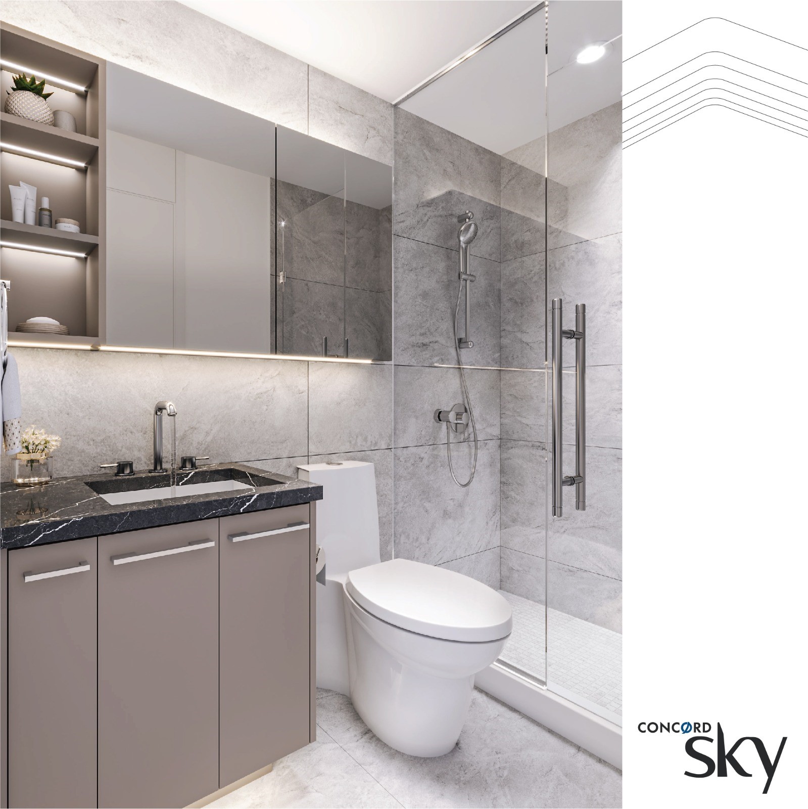 Modern bathroom with marble finishes and glass shower