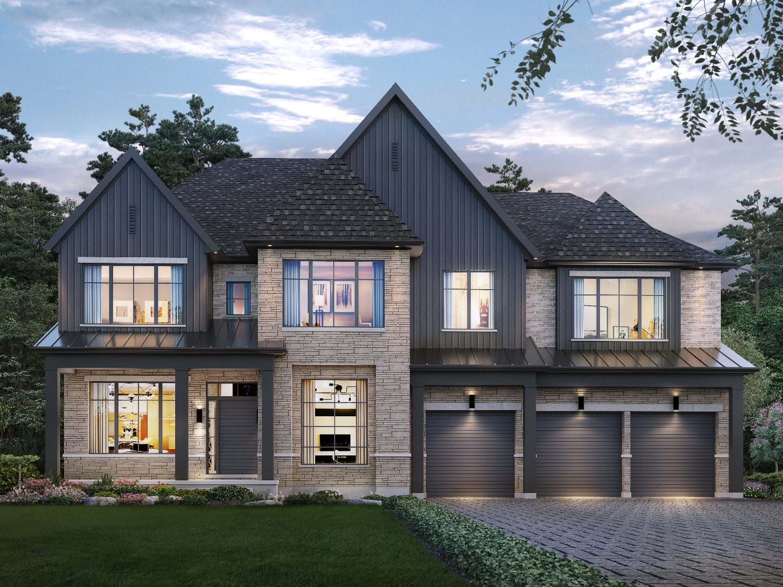 Twilight rendering of a 7000 Wellness Collection single-detached home at Angus Glen South Village with stone facade, board-and-batten gables and triple garage