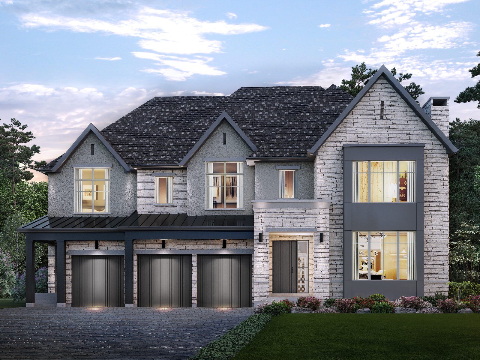 Rendering of the Tranquility model, 7000 Wellness Collection, with light stone exterior, two-storey windows and triple garage