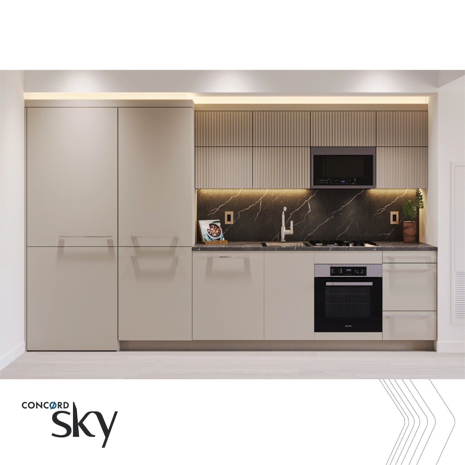 Designer kitchen with integrated appliances and stone backsplash