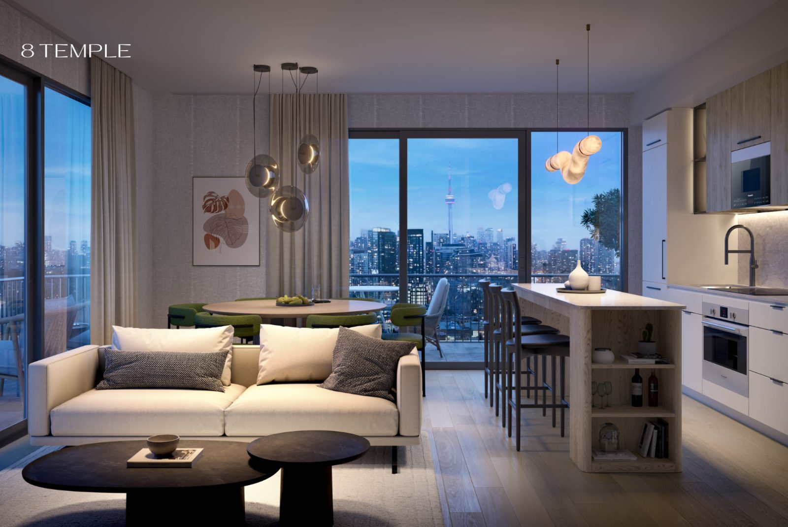Bright open-concept living and dining suite with skyline views