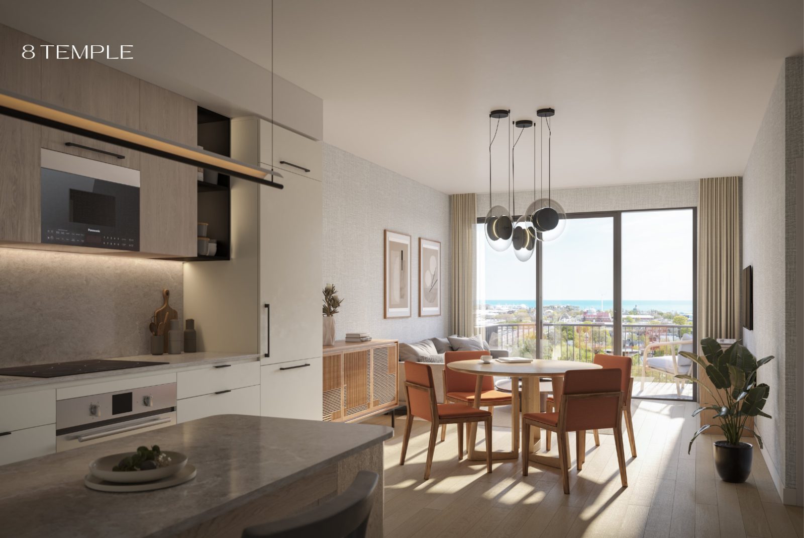 Interior suite with warm natural light near the waterfront district
