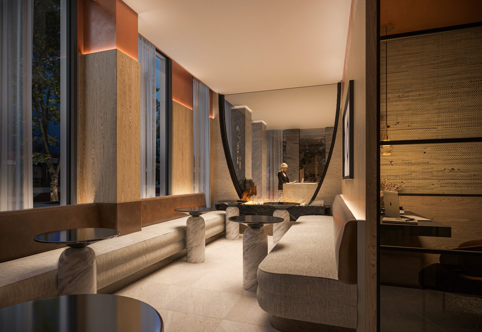 Lobby lounge with fireplace and concierge