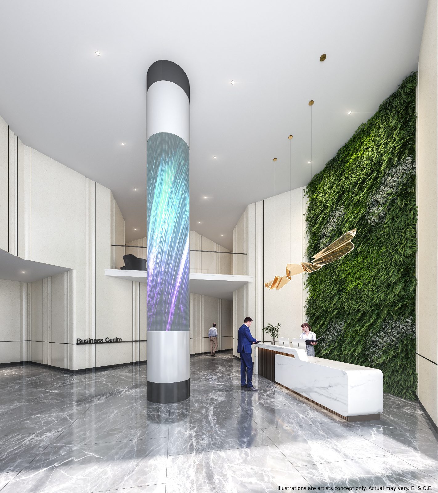 Rendering of the double-height lobby with marble floors, living green wall, concierge desk and business centre entrance