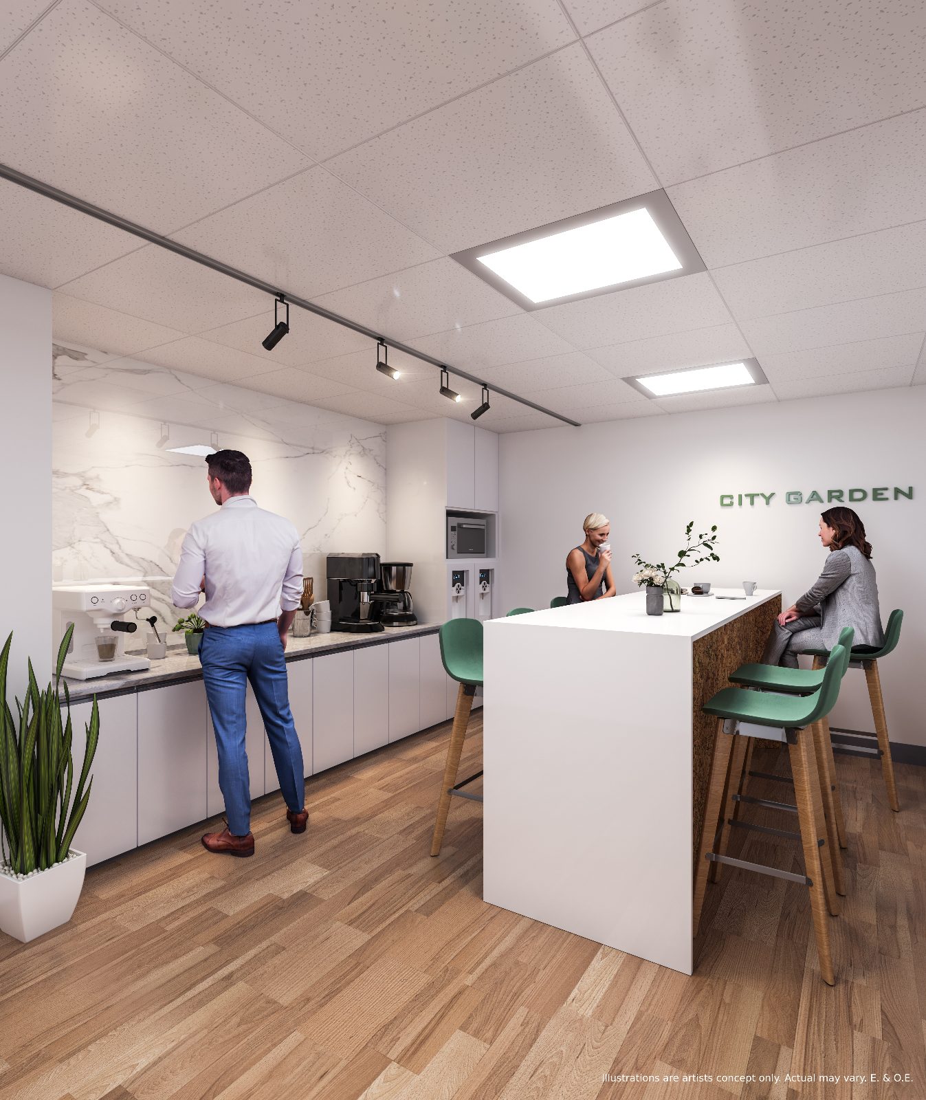 Rendering of a modern office kitchenette with marble backsplash, coffee bar and island seating