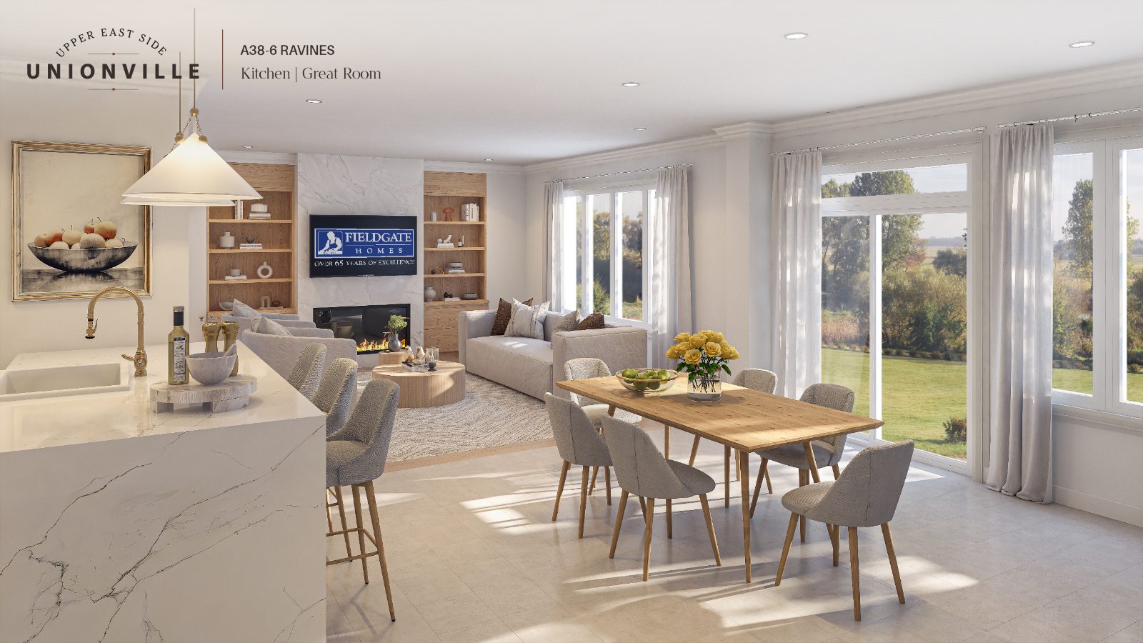 Ravines kitchen and great room with fireplace