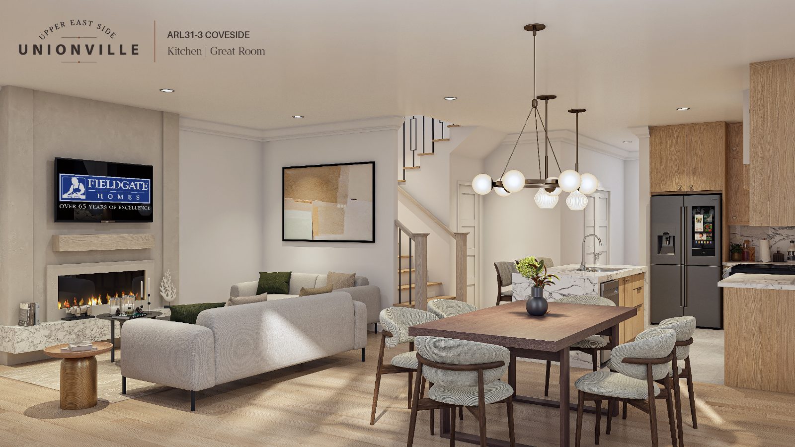 Coveside kitchen and great room with dining area