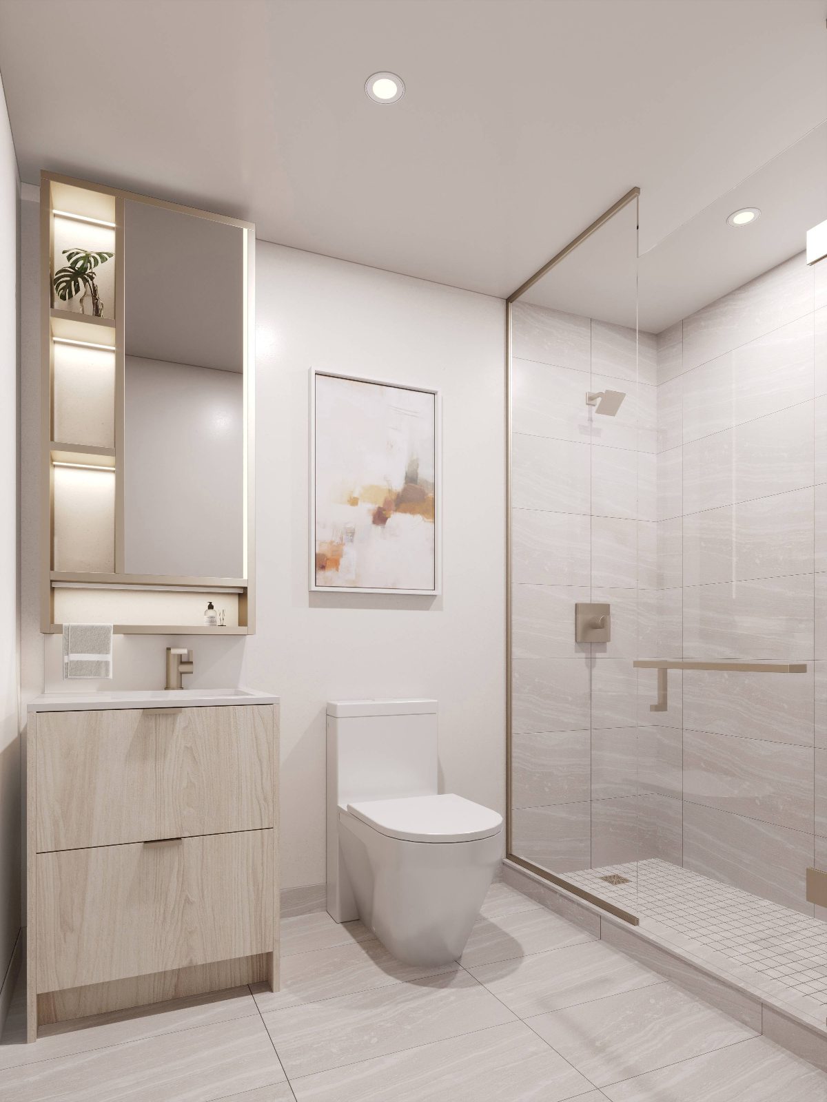 Suite bathroom with frameless glass shower and illuminated mirror medicine cabinet