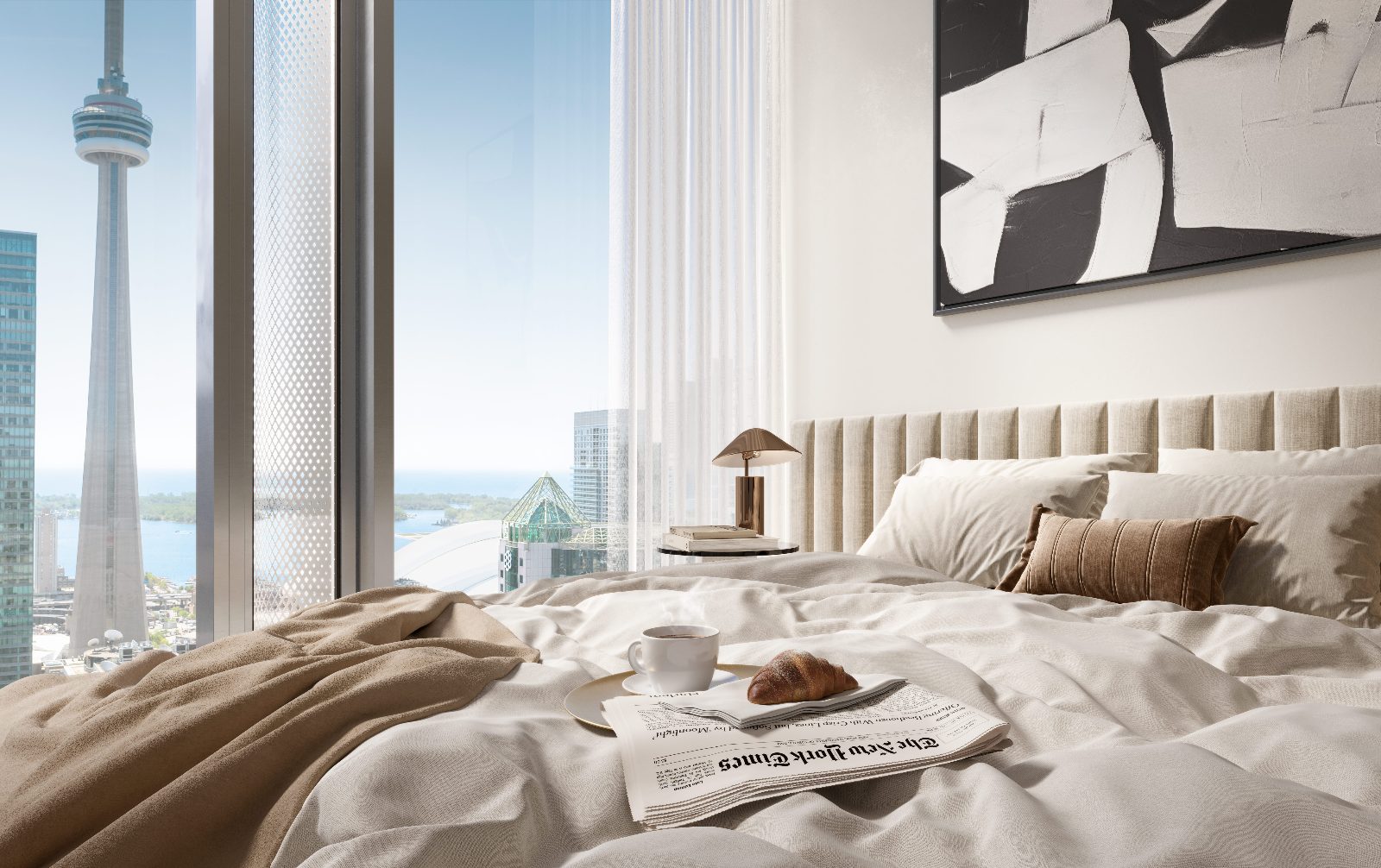 Rendering of breakfast in bed with views of the CN Tower and the waterfront
