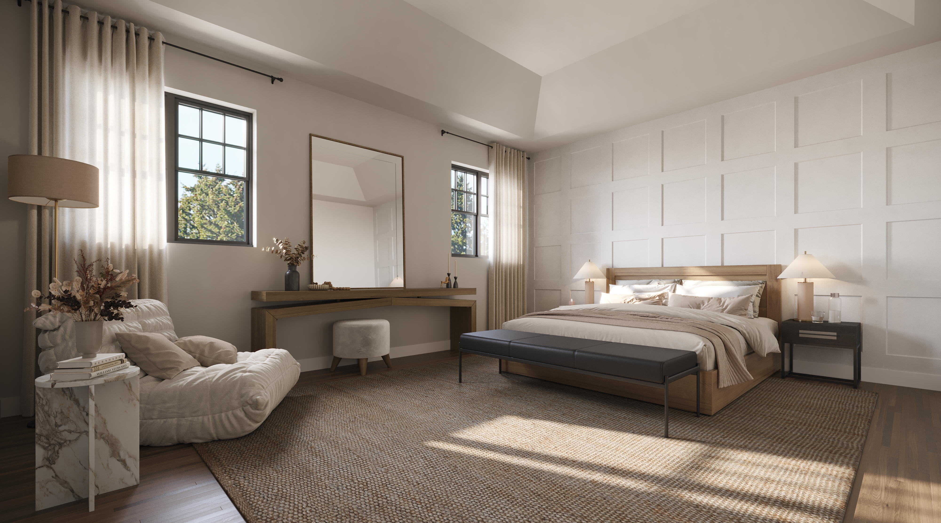 Serene primary bedroom with panelled feature wall and large windows
