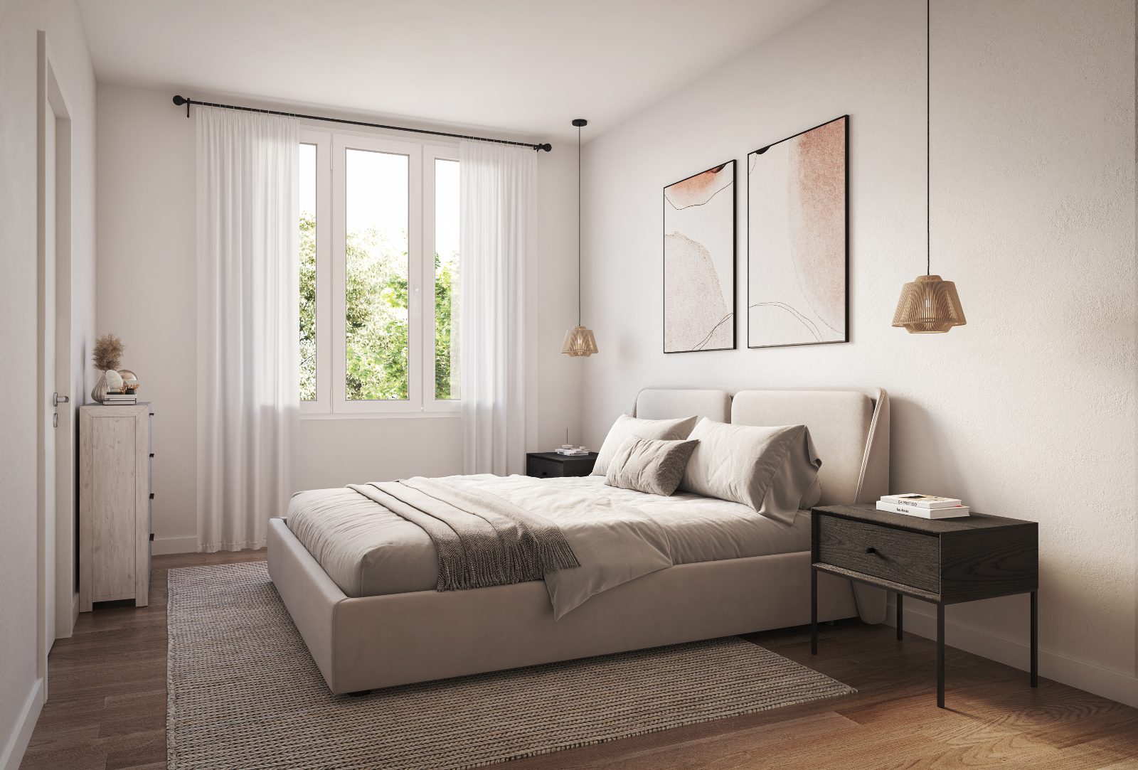 Bluebird bedroom with soft neutral palette and pendant lighting — artist's concept