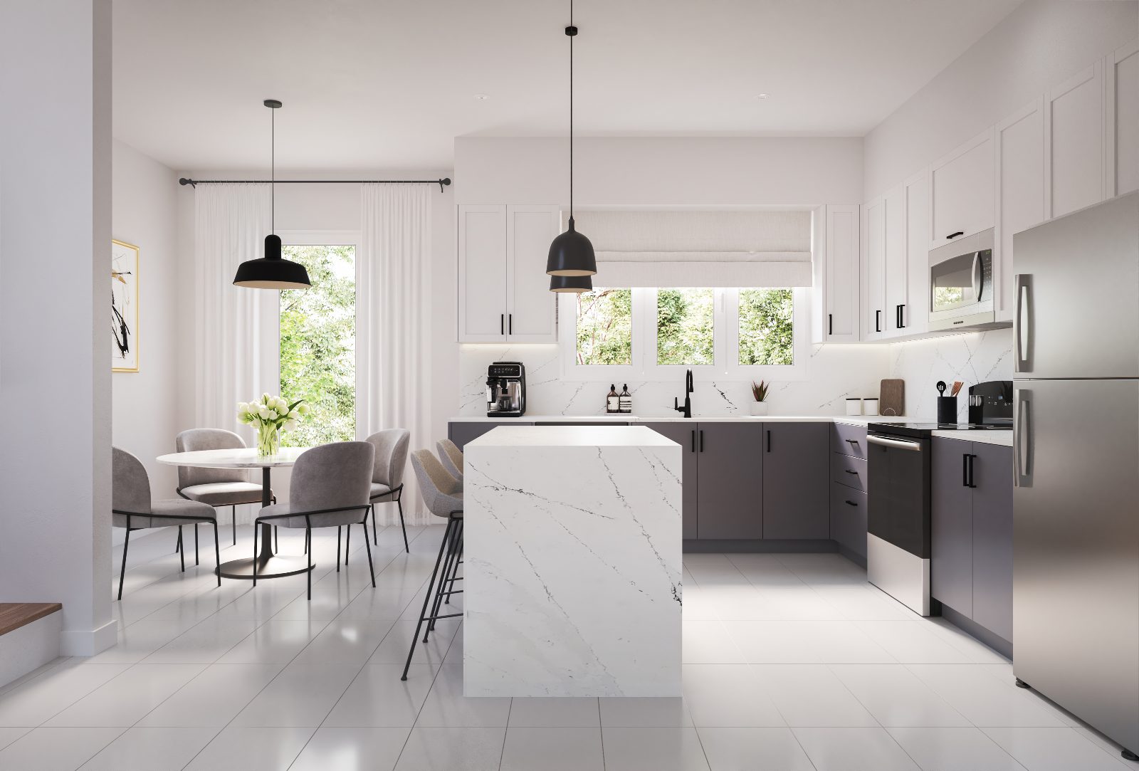 Bluebird kitchen with marble-look waterfall island and breakfast area — artist's concept