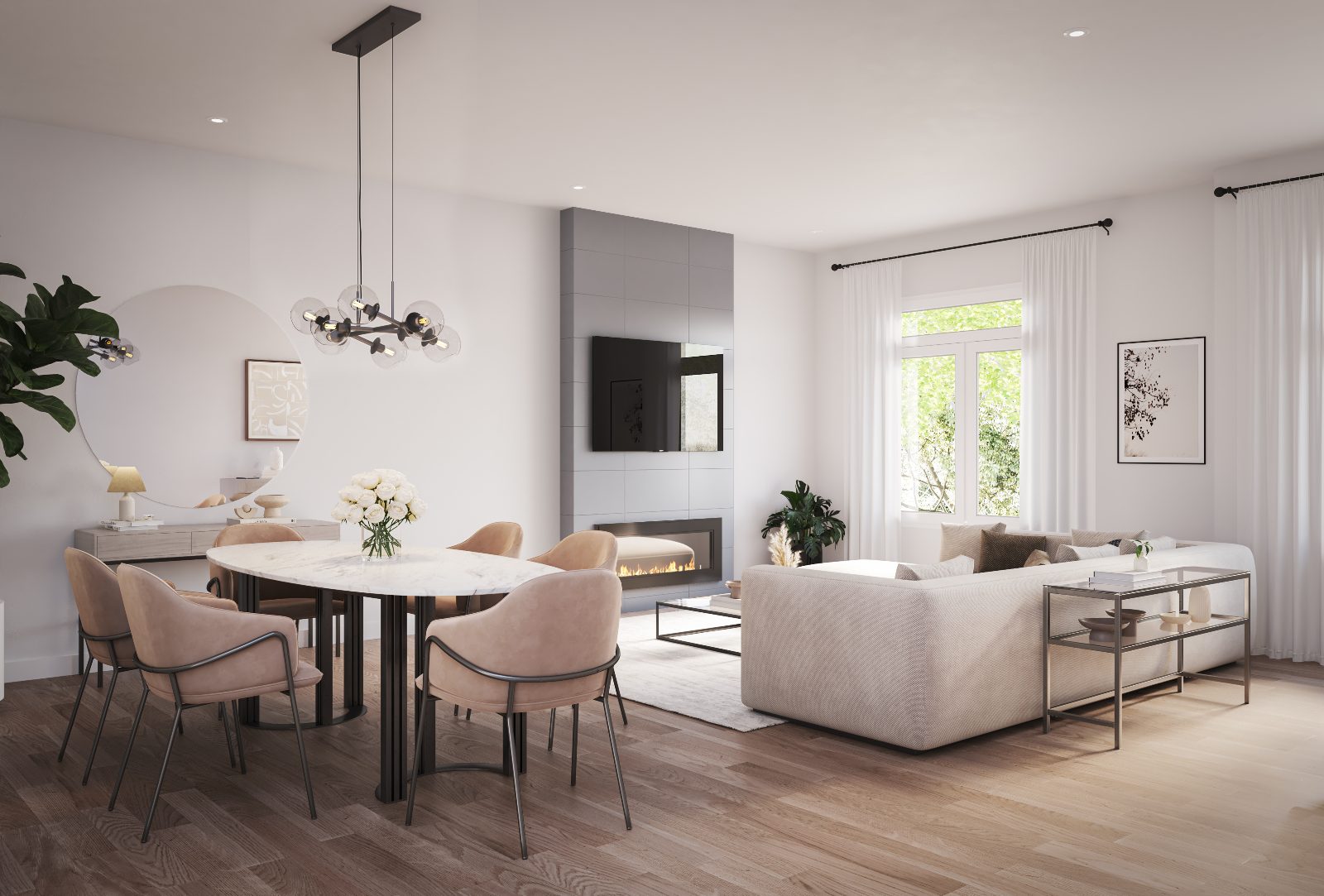 Bluebird living and dining room with linear fireplace feature wall and large windows — artist's concept