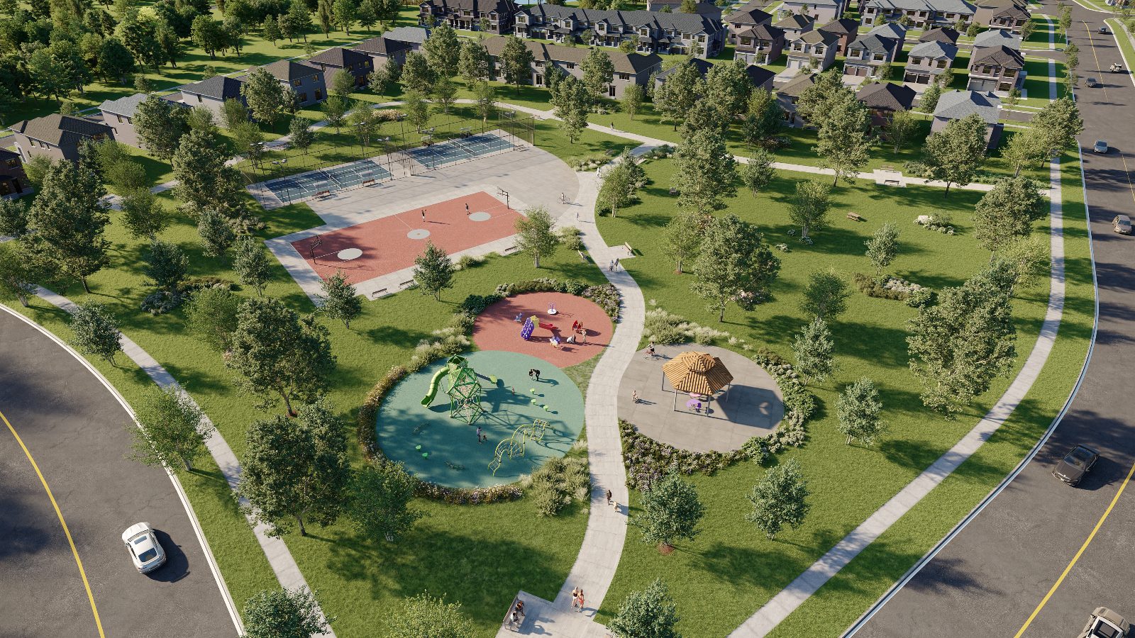 Rendering of the North Hill community park with playgrounds, a shade pavilion and sports courts