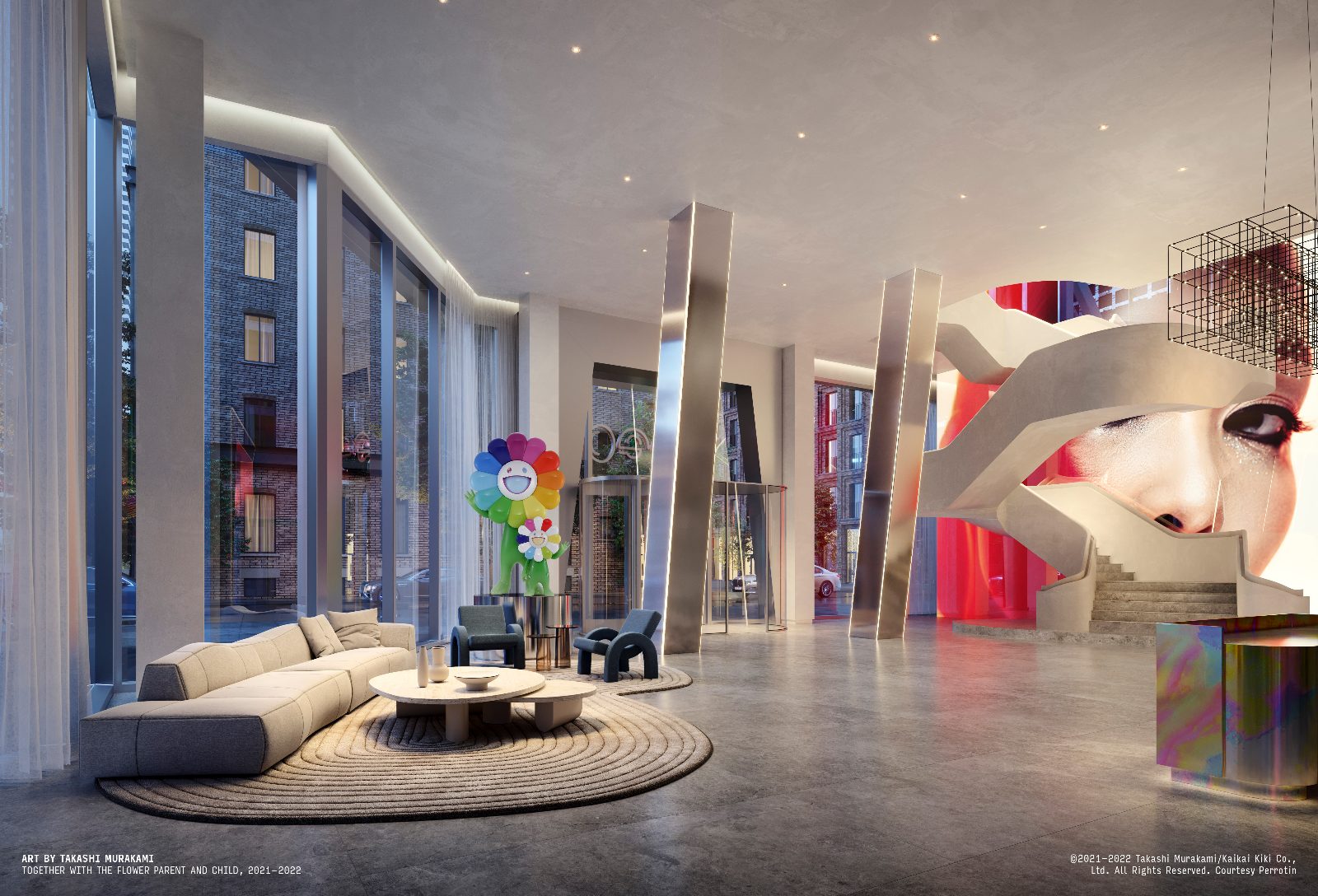 Rendering of the Freed Hotel & Residences entrance lobby featuring a Takashi Murakami flower sculpture