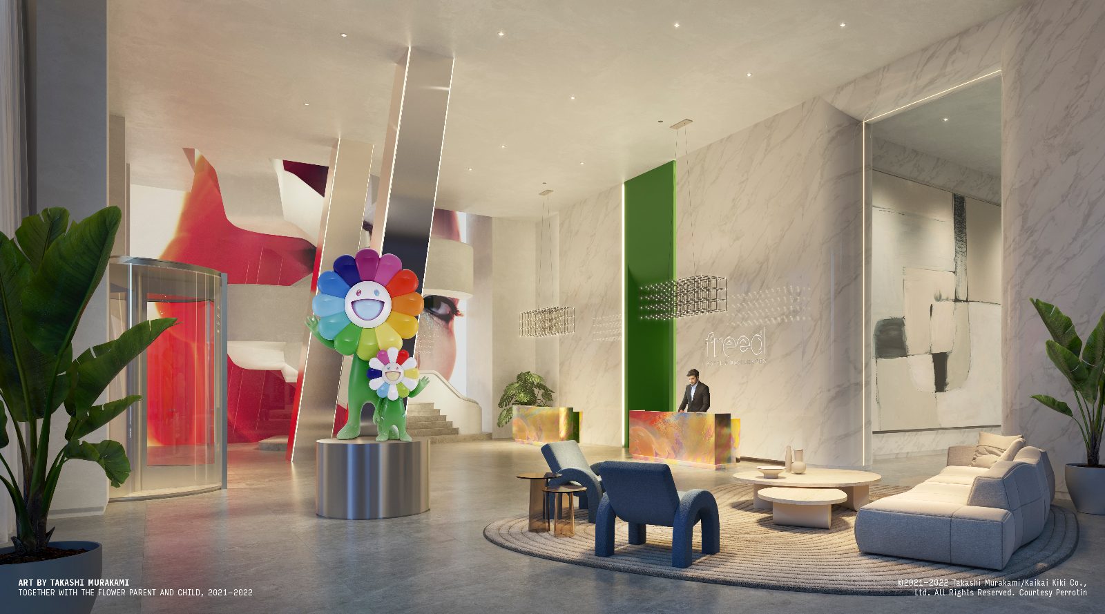 Rendering of the artistic arrival at Freed Hotel & Residences with Takashi Murakami's work